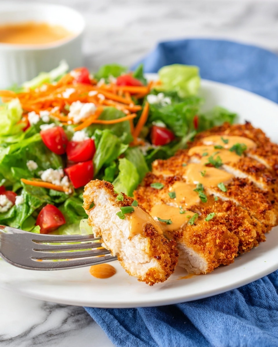 The image shows a white plate with a crispy, golden-brown breaded chicken cut into slices, each slice topped with a drizzle of creamy orange sauce and bits of green garnish. The chicken is on the right side of the plate, and on the left is a fresh salad made of green leafy lettuce, shredded orange carrots, and diced red tomatoes sprinkled with small white cheese crumbles. In the foreground, a piece of chicken is held on a fork. The plate sits on a white marbled surface with a blue cloth underneath and a blurred bowl of sauce in the background. Photo taken with an iphone --ar 4:5 --v 7