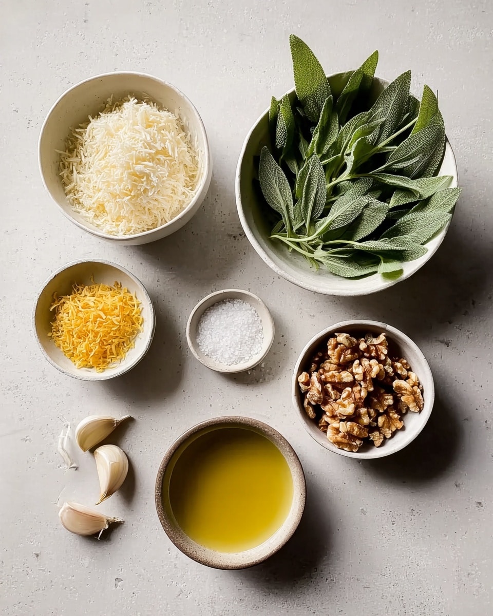 A flat lay image shows seven small white bowls and two garlic cloves on a white marbled surface. The largest bowl at the bottom holds golden olive oil with a smooth texture. Above it, a medium white bowl is filled with grated white cheese that has a soft, fluffy texture. To the right of the cheese, a small white bowl contains light brown crushed walnuts with a rough texture. Above the walnuts, a small white bowl holds bright yellow lemon zest with a fine, crumbly texture. At the top center, a larger white bowl is filled with fresh green sage leaves with a soft, velvety texture. To the left of the sage, a tiny white bowl contains coarse white salt. Below the salt, a small white bowl holds a pale yellow liquid, likely lemon juice, with a smooth and shiny surface. Two whole garlic cloves with a smooth, matte skin are placed near the bottom left next to the olive oil bowl. The image uses a soft, natural light and is shot from above. photo taken with an iphone --ar 4:5 --v 7