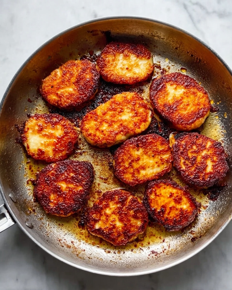 A round silver pan filled with twelve pieces of golden brown fried cheese slices. Each cheese slice has a crispy, dark brown and reddish crust with an uneven texture from frying, showing varying shades of toastiness. The pan’s bottom has traces of oil and some browned bits sticking to the surface. The pan sits on a white marbled surface. photo taken with an iphone --ar 4:5 --v 7