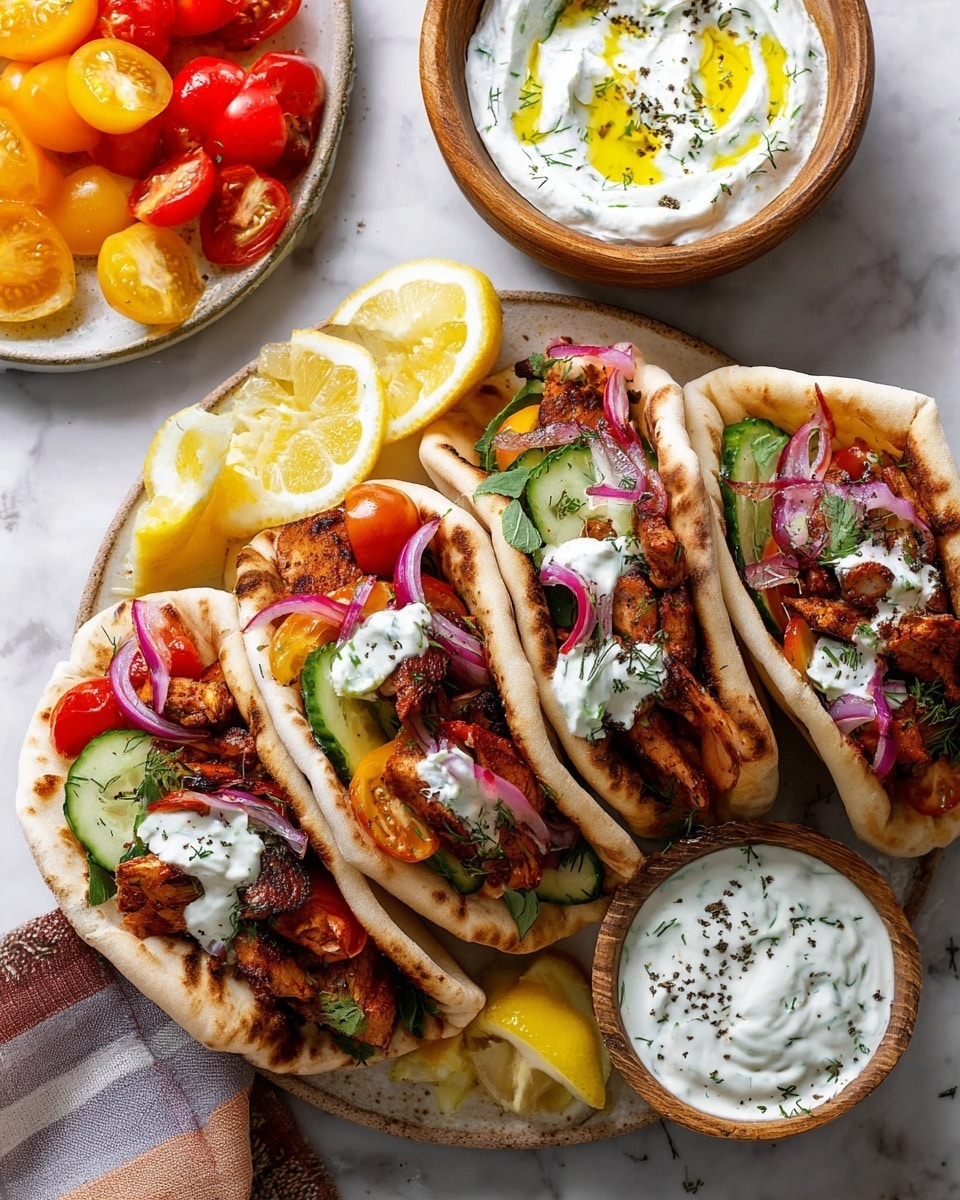 The image shows four pita pockets arranged in a white plate on a white marbled surface. Each pita pocket is filled with layers of brown grilled pieces with a crispy texture, bright red and yellow cherry tomato halves, green cucumber chunks, and red pickled onion rings. The pitas have a toasted, slightly charred look with soft, light golden bread. A dollop of white creamy sauce with green herb specks is inside each pita. Nearby, there is a small wooden bowl filled with thick white yogurt sauce topped with green herbs, olive oil drizzle, and black pepper. Yellow lemon wedges and a colorful plate of cherry tomatoes are also visible in the background. photo taken with an iphone --ar 4:5 --v 7