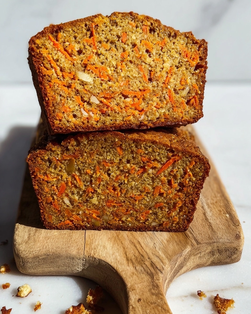 Two slices of carrot bread are stacked on top of each other on a small wooden board with a handle. The bread has a golden brown crust with a soft, moist inside showing orange carrot pieces and small bits of nuts spread evenly throughout. Crumbs are scattered on the white marbled surface below the board, and the bread looks fresh with a slightly rough texture on the crust. Photo taken with an iphone --ar 4:5 --v 7