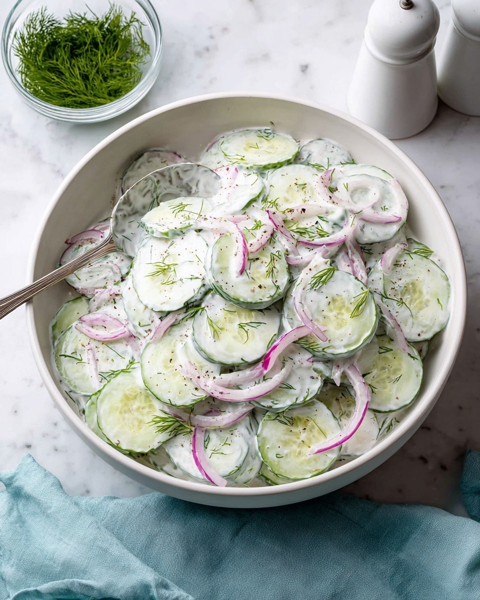 A white bowl filled with a creamy cucumber salad that has about three layers of thin, round cucumber slices coated in a smooth white yogurt dressing. Mixed in between the cucumber slices are thin, curved strips of purple onion and small green dill leaves scattered on top. Black pepper is lightly sprinkled over the salad. A silver spoon is scooping some of the salad from the bowl on the left side. The bowl sits on a surface with white marbled texture, with a small glass bowl of fresh green dill and a white pepper grinder in the background. A light blue cloth is partly visible on the bottom right side. Photo taken with an iphone --ar 4:5 --v 7