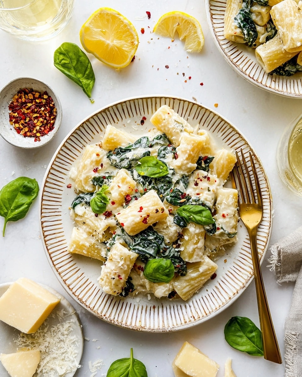 A white plate with brown striped edges holds a serving of rigatoni pasta covered in a creamy white sauce mixed with wilted dark green spinach leaves. The pasta is topped with small fresh green basil leaves and red pepper flakes scattered around. A yellow lemon wedge rests at the top edge of the plate. A gold fork sits on the right side of the plate, its tip resting on the pasta. Surrounding the plate on a white marbled surface are scattered fresh basil leaves, lemon slices, chunks of cheese, a small white bowl filled with red pepper flakes, a glass of white wine, and a smaller white plate with more pasta. photo taken with an iphone --ar 4:5 --v 7