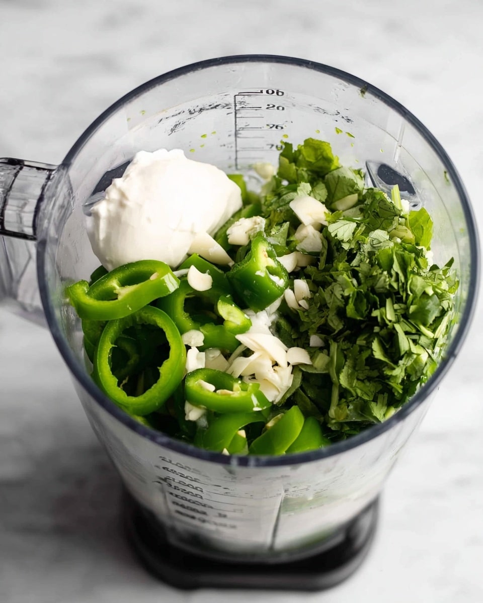 Peruvian Chicken with Cilantro Green Sauce Recipe 4 A clear blender jar filled with several layers of ingredients sitting on a white marbled surface. Inside the jar, there is a base layer of green sliced peppers on the left and center, along with a smooth white creamy dollop near the bottom left. On top of the peppers and cream, there are several chopped green herbs with jagged edges spread mostly to the right side. Scattered among these layers are small white pieces of garlic toward the top near the center. The jar has clear measurement markings on the right side showing liquid volumes. Photo taken with an iphone --ar 4:5 --v 7
