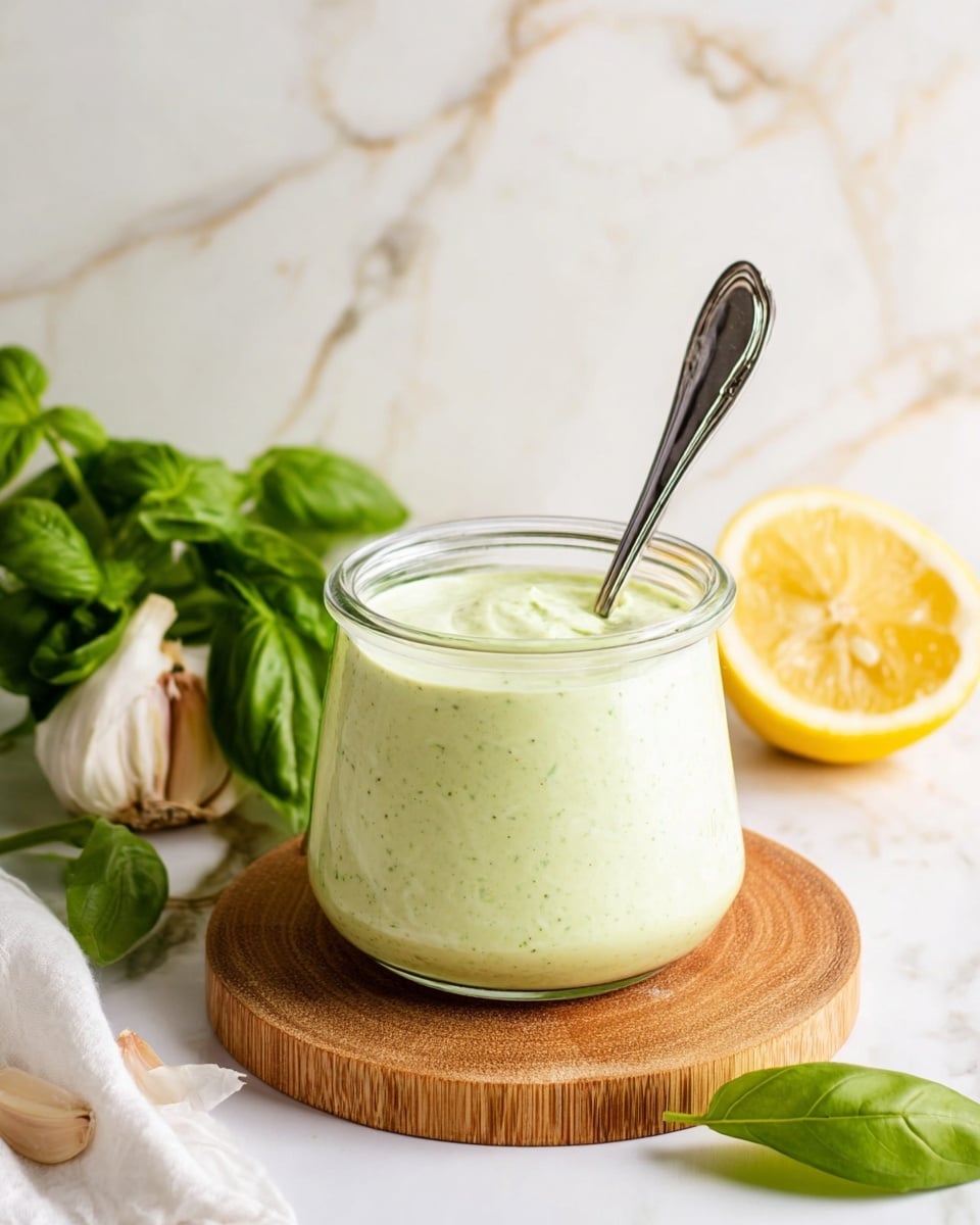 A clear glass jar filled with a creamy light green sauce, showing a smooth texture with small green specks, is placed in the middle on a round light wood coaster, which sits on a larger round natural wood board. A silver spoon is inside the jar, leaning to the right. To the left of the jar, there is a bunch of fresh green basil leaves, a cut lemon showing its bright yellow inside, and a peeled garlic bulb with some papery skin around it, all set on a white marbled surface. The background is also white with light gray marble patterns. photo taken with an iphone --ar 4:5 --v 7