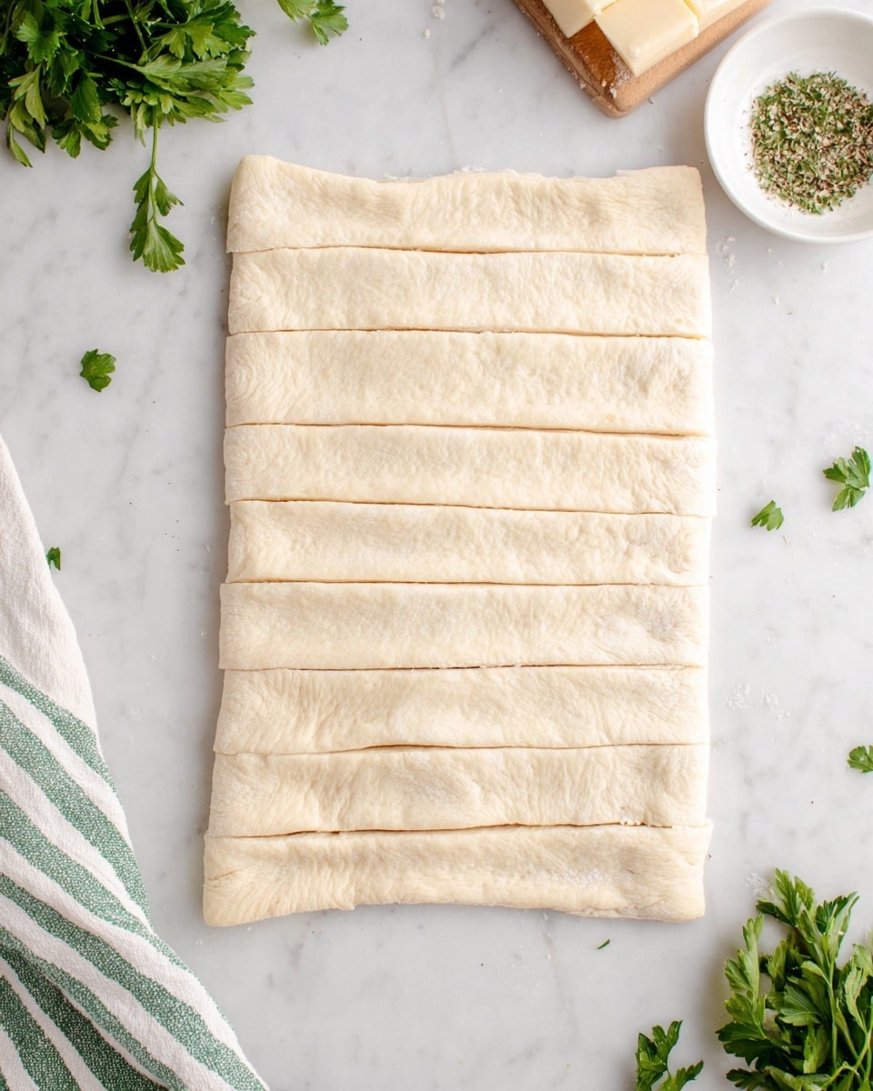 The image shows a flat, rectangular sheet of dough laid out on a white marbled surface. The dough is cut into nine long, even strips placed parallel to each other, with light beige color and a smooth, slightly puffy texture. Around the dough, there are small bunches of green parsley in the corners, a white plate with herbs and seasoning on the top right, and a piece of cheese partially visible on the top left corner. A green and white striped cloth is partly visible at the bottom left corner. The scene is bright and clean, focusing on the prepared dough strips. photo taken with an iphone --ar 4:5 --v 7