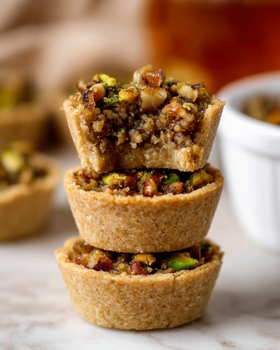 The image shows three small tartlets stacked vertically on a white marbled surface. Each tartlet has a thick, crumbly, light golden brown crust forming a cup shape. The filling is chunky and textured, made of small pieces of green and brown nuts that look shiny and sticky, filling each tartlet fully. The top tartlet has a bite taken out, revealing a dense, slightly moist inner layer beneath the nut topping. In the background, the image is softly blurred with warm tones and a white bowl, with a woman's hand holding the top tartlet. photo taken with an iphone --ar 4:5 --v 7