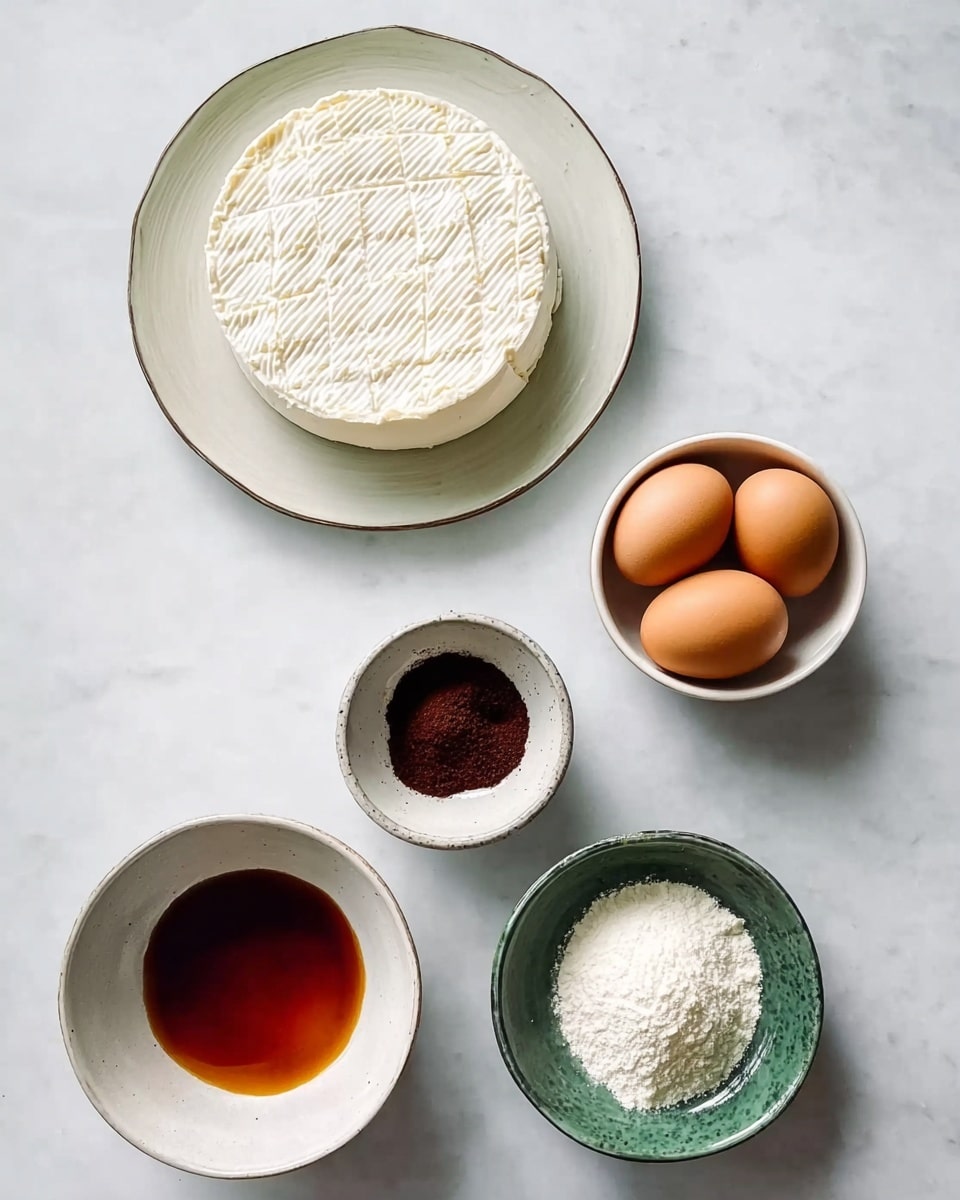 The image shows a top-down view of several ingredients arranged on a white marbled surface. At the top left, a round white cheese with a textured pattern sits on a white plate with a slight greenish border. To the right, there is a white bowl holding three brown eggs. Below the cheese, there is a white bowl filled with a dark amber liquid, and next to it, a small white bowl with a dark brown powder at the bottom. At the bottom right, a white bowl with green edges contains a small mound of white powder. The composition is neat and evenly spaced. Photo taken with an iphone --ar 4:5 --v 7