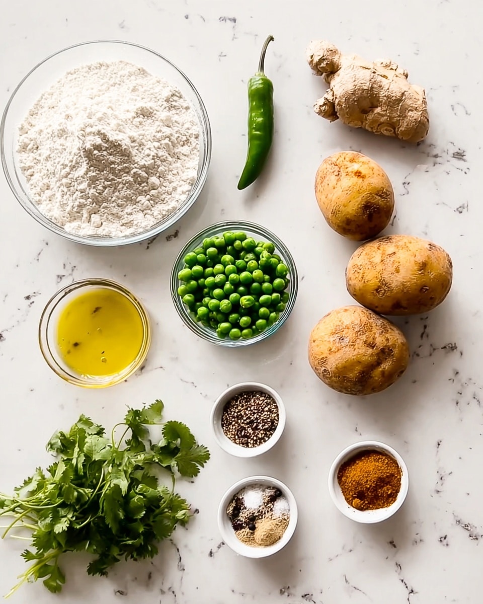 A white marbled surface shows a neat arrangement of ingredients: at the bottom left, a small glass bowl holds yellow oil, next to it a bunch of green cilantro with leafy texture; above the cilantro, a glass bowl filled with green peas. To the right, two brown potatoes with a rough texture rest side by side. At the top center, a single long green chili pepper lies horizontally. Above the peas, a piece of light brown ginger with a knobby texture. On the top left, a large glass bowl contains white flour with a fine texture. On the top right, two small white bowls display mixed spices: the upper one has a combination of brown and black seeds, and the lower one shows ground spices in shades of brown, orange, and beige. photo taken with an iphone --ar 4:5 --v 7