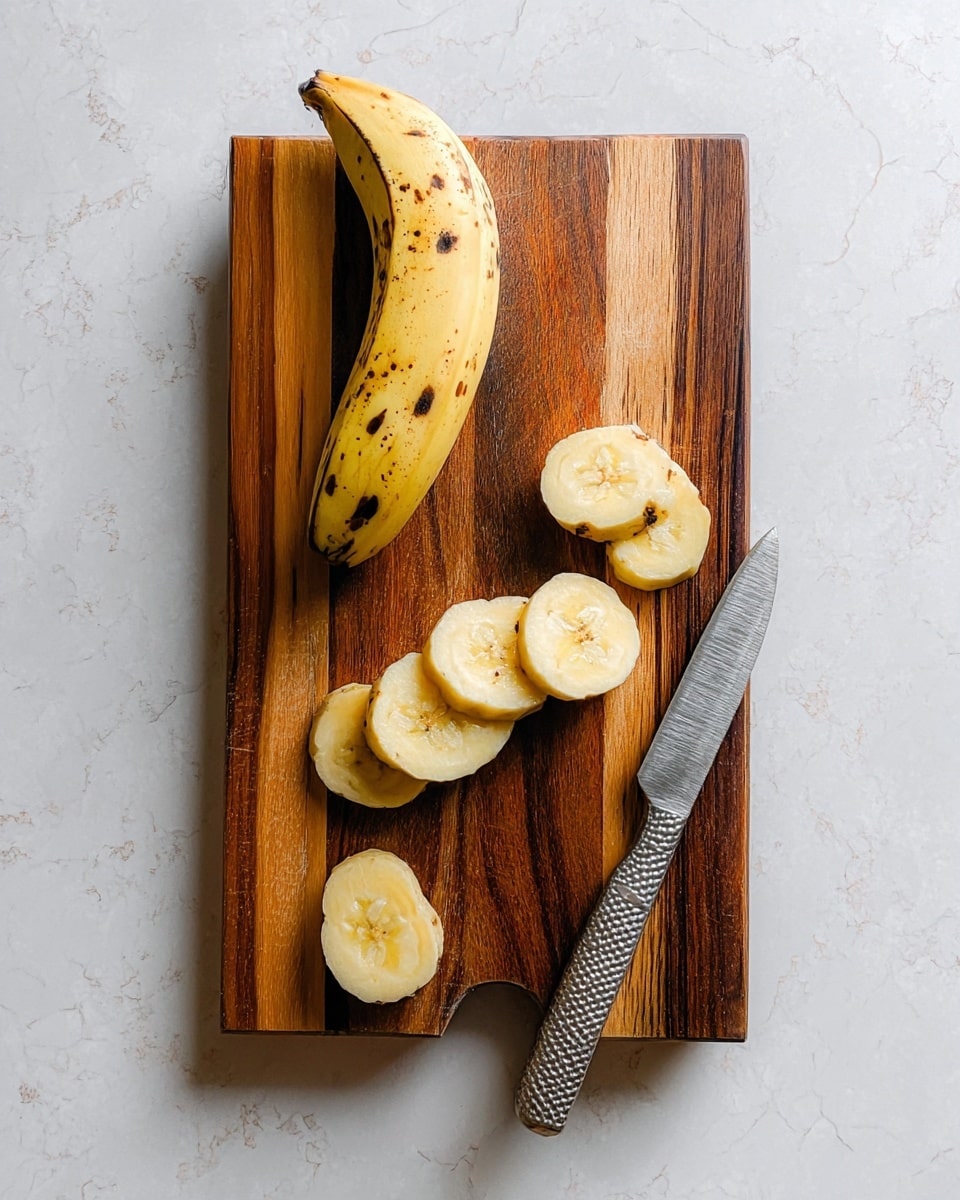 A wooden cutting board sits on a white marbled surface, holding a ripe yellow plantain with brown spots on its peel. Next to the whole plantain are several slices arranged in a line: three round slices and three angled pieces showing its soft pale yellow inside. A silver knife with a textured handle rests on the bottom right corner of the cutting board. The scene is lit softly from above, capturing the natural textures clearly. Photo taken with an iphone --ar 4:5 --v 7