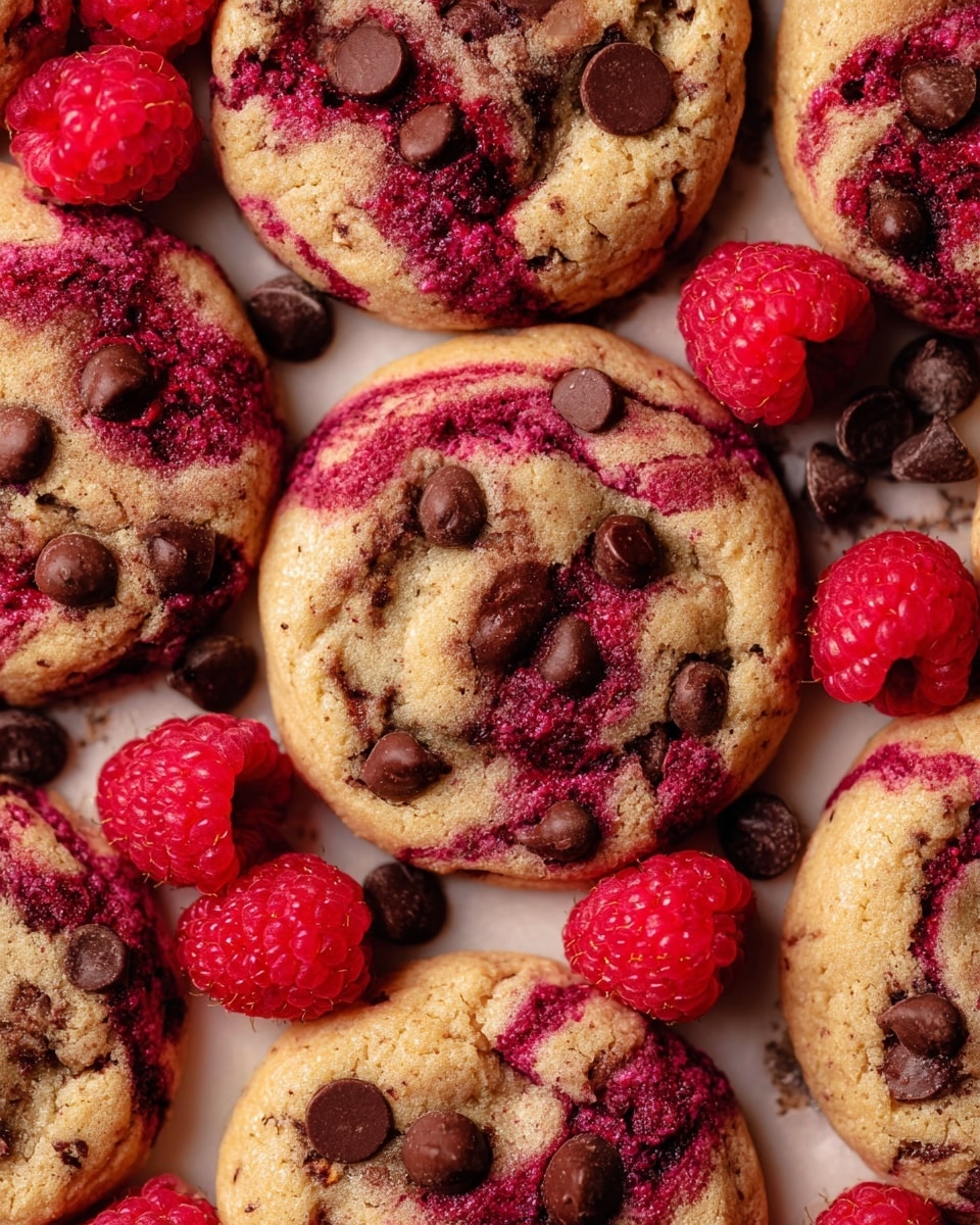 The image shows a close-up view of several round cookies on a white marbled surface. Each cookie has a golden-brown base with a rough texture and is studded with dark brown chocolate chips scattered on top. Swirls of dark red raspberry color run through each cookie, creating a marbled effect. Fresh, bright red raspberries are placed around the cookies, adding a vivid contrast with their bumpy texture. Some loose chocolate chips sit between the cookies on the surface. The overall look is warm and inviting, emphasizing the mix of chocolate and raspberry colors and textures. photo taken with an iphone --ar 4:5 --v 7