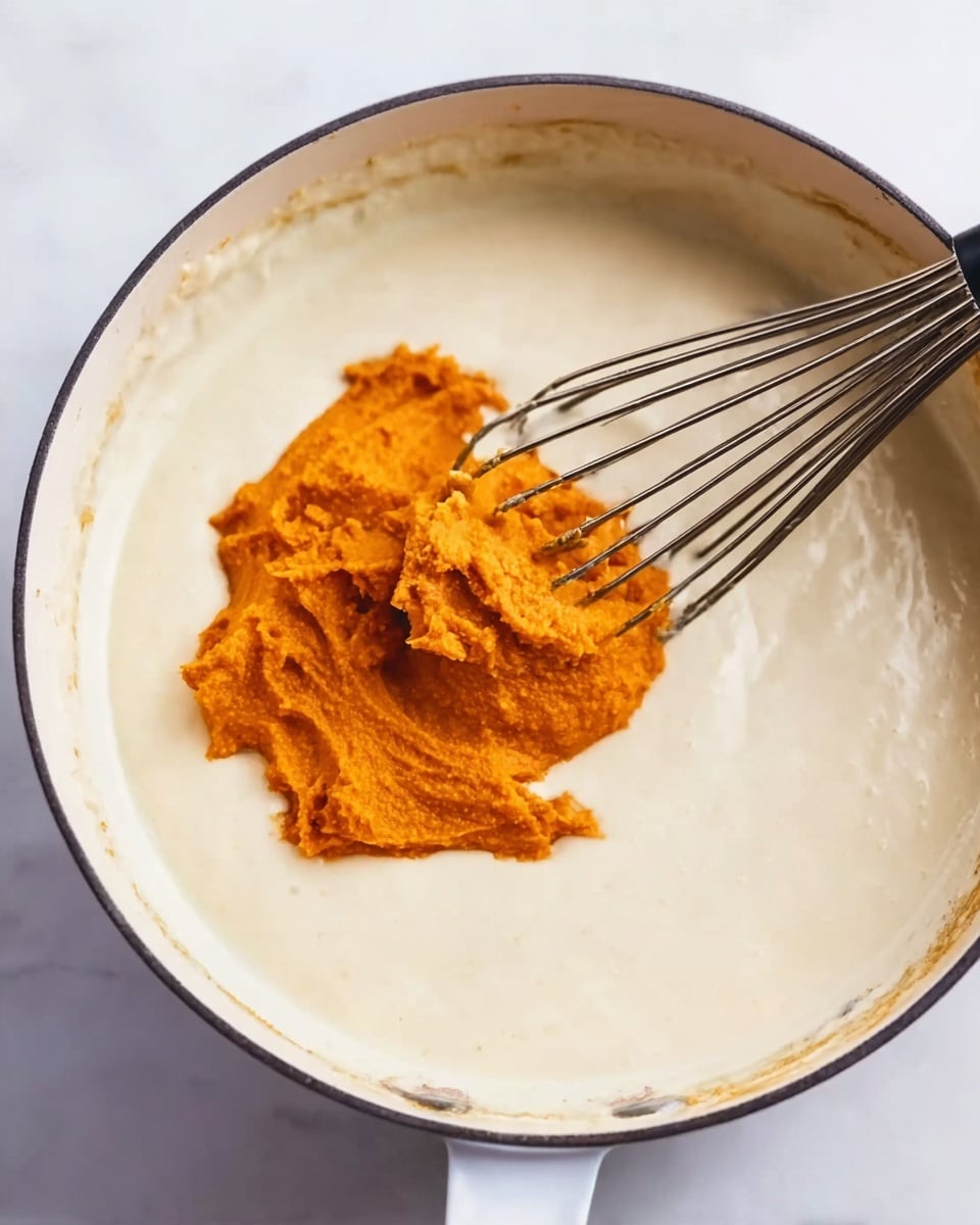 A close-up view of a white cooking pan filled with a smooth creamy white sauce forming the base layer, with a large dollop of bright orange thick paste sitting on top near the center. A metal whisk with a black handle is partially submerged in the sauce and paste, resting diagonally from the right side of the pan. The background is a white marbled surface. photo taken with an iphone --ar 4:5 --v 7