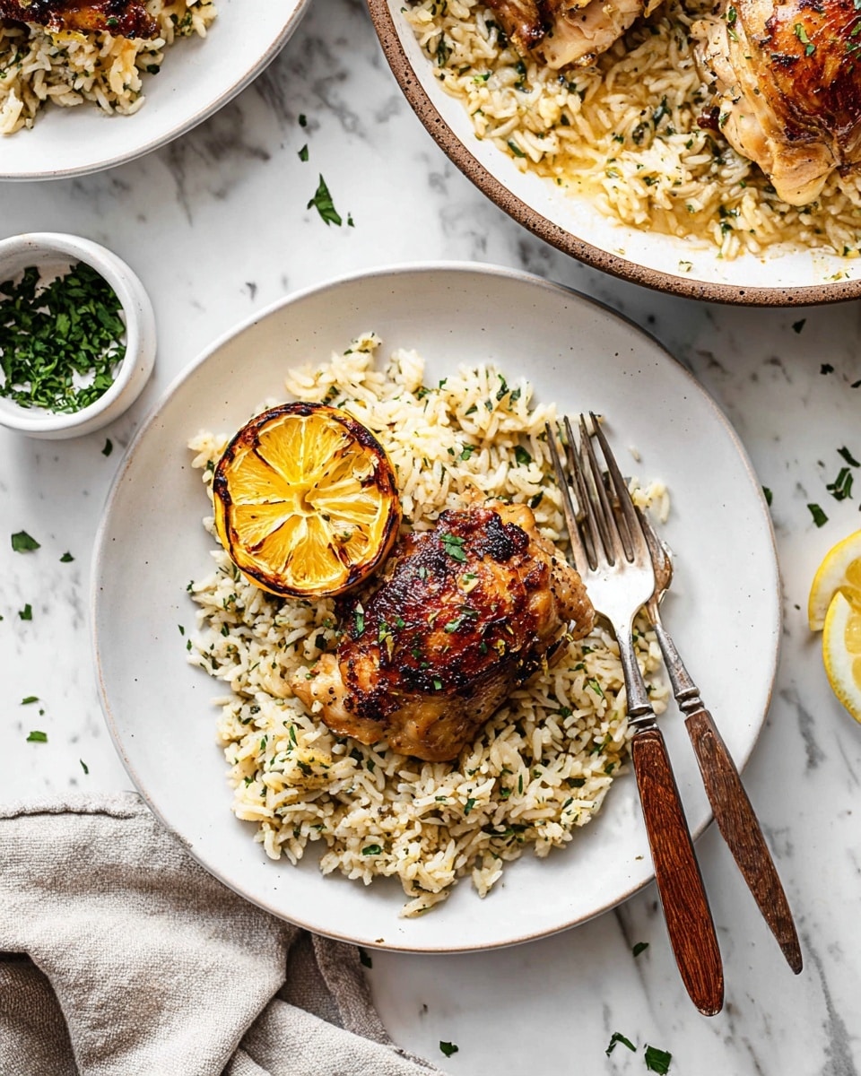 The image shows a white plate with a base layer of cooked rice mixed with herbs and small green leaves, giving it a light green and beige texture. On top of the rice, there is one piece of roasted chicken with a crispy golden-brown skin, positioned slightly off-center. A grilled lemon slice, showing charred spots and bright yellow color, is placed next to the chicken on the left side. A fork and knife with wooden handles lie on the right edge of the plate, resting partly on the rice. In the background, a white shallow bowl with more cooked rice and chicken is visible on the upper left, and a small white bowl with chopped green herbs is placed between the two plates on a white marbled surface. The overall setting is neat and bright, with some scattered herb pieces on the surface. Photo taken with an iphone --ar 4:5 --v 7