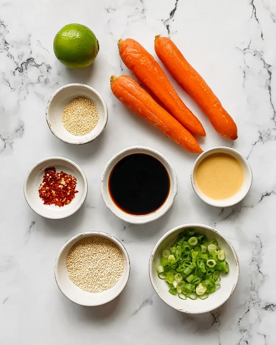 The image shows a white marbled surface with six small white bowls arranged around four bright orange carrots in the center. The small bowls contain different ingredients: one has a dark soy sauce, another has beige sesame seeds, a third has a light beige creamy sauce, the fourth contains red chili flakes, the fifth has a pale yellow honey-like liquid, and the last bowl is filled with chopped green onions. A whole green lime is placed near the top left of the arrangement. The composition is neat, with the ingredients clearly displayed in a balanced layout. Photo taken with an iphone --ar 4:5 --v 7