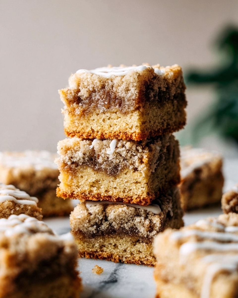 The image shows three crumb cake squares stacked on top of each other with more squares around them. Each square has two main layers: a dense, light brown cake layer with a soft texture and a darker brown cinnamon or sugar swirl in the middle, topped with a crumbly streusel layer that is golden and slightly rough. A thin drizzle of white icing covers parts of the crumb topping, adding contrast. The background is blurred, giving focus to the crumb cake, with the whole scene placed on a white marbled surface. Photo taken with an iphone --ar 4:5 --v 7