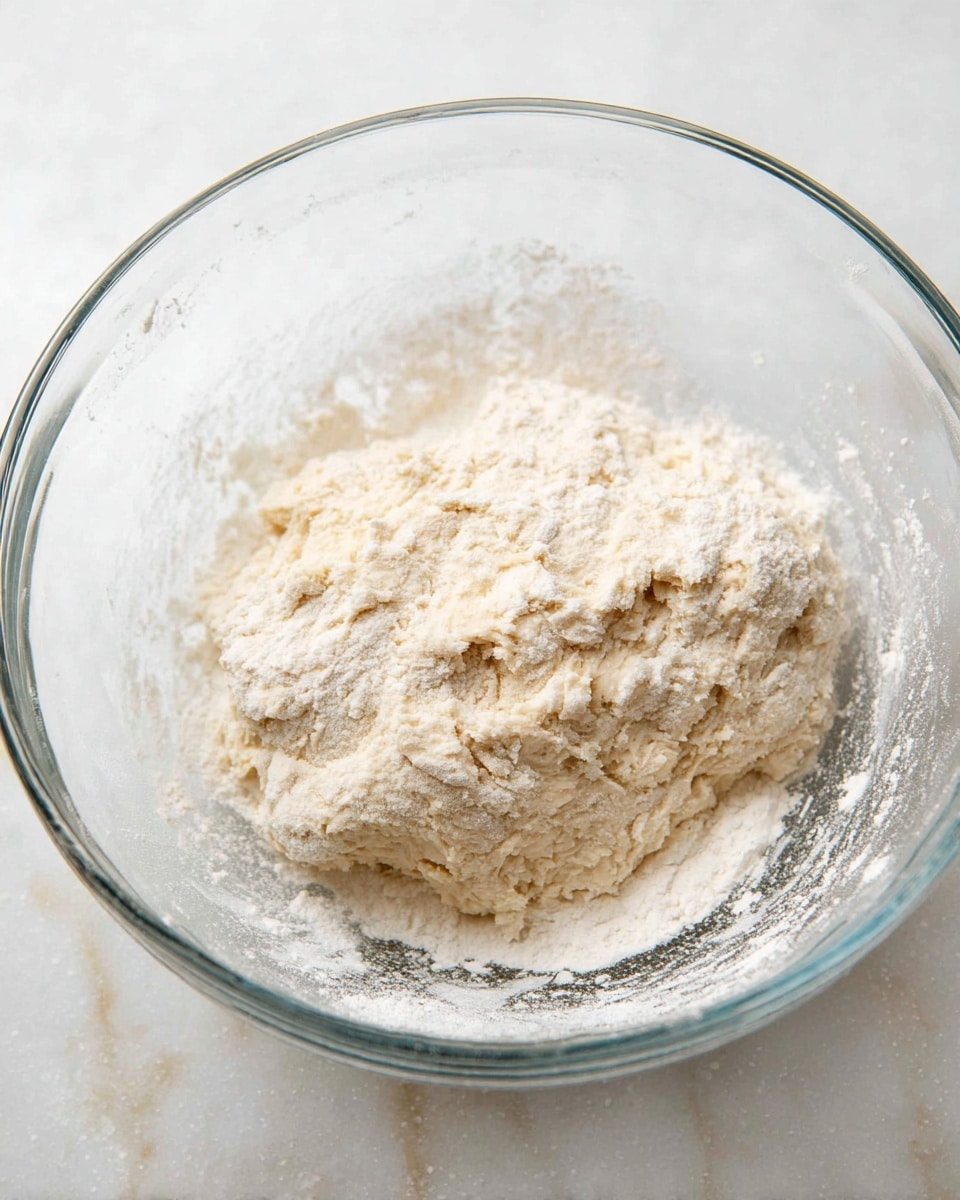 A clear glass bowl holds a single layer of dough with a rough, floury texture, mostly pale beige with white patches of flour dusted on top and around the edges. The dough has a slightly lumpy, uneven surface and rests against the inner side of the bowl. The bowl sits on a white marbled surface, adding a subtle contrast to the soft creamy color of the dough. The scene is lit softly with natural light, showing the fine details of flour and dough texture. Photo taken with an iphone --ar 4:5 --v 7