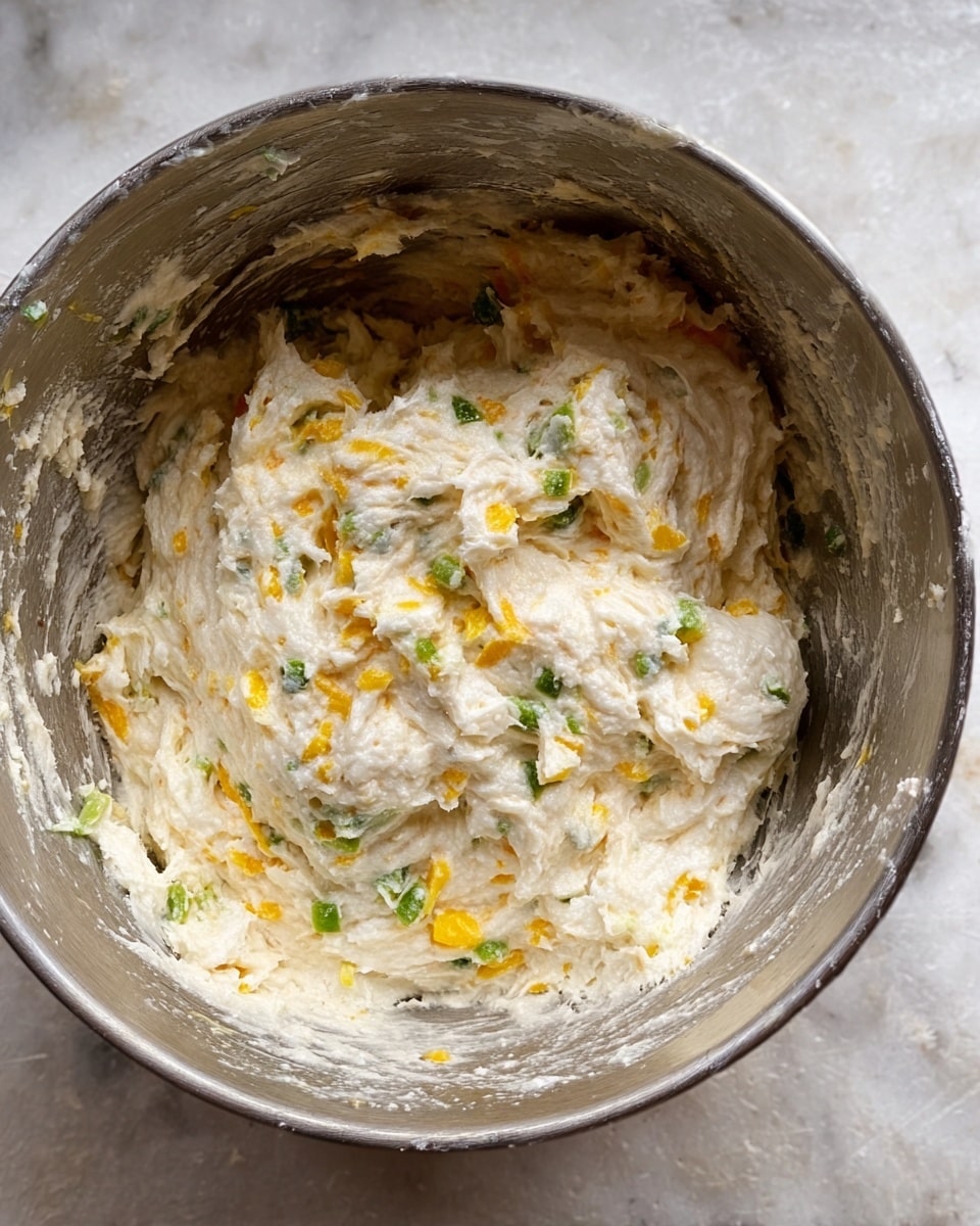 A metal bowl holds a thick mixture with a creamy white base that looks soft and slightly sticky. Mixed throughout are small pieces of bright yellow and green, adding color and texture to the creamy mixture. The edges of the bowl show some residue from stirring, giving a sense of freshness and action. The background is a white marbled surface. photo taken with an iphone --ar 4:5 --v 7