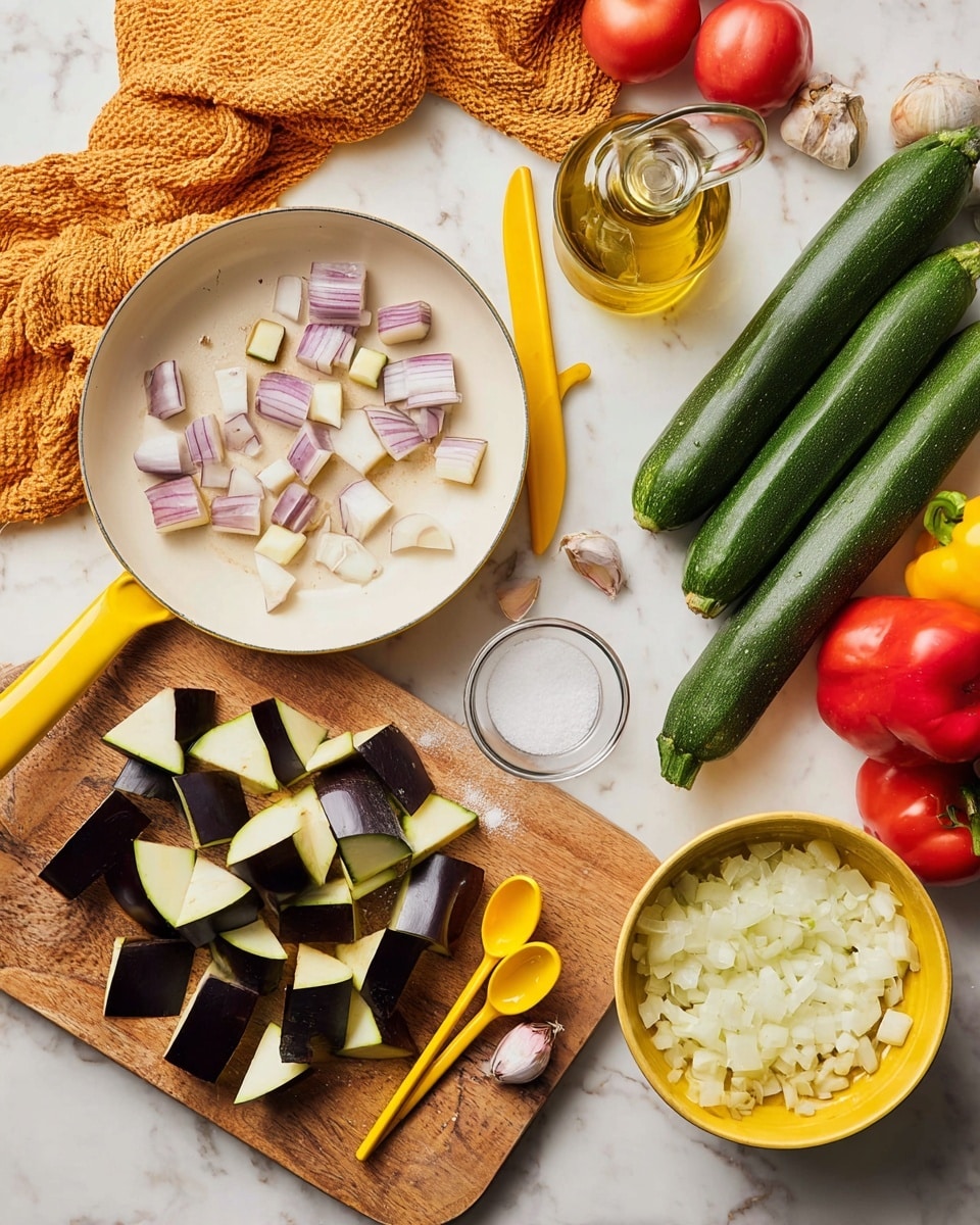 The image shows a white frying pan with a yellow handle on a white marbled surface, partially covered by an orange textured cloth. Below and to the left is a wooden cutting board with chopped pieces of purple eggplant scattered around, along with two whole green zucchinis and a yellow bell pepper. On the cutting board are a small clear bowl of salt, a glass bottle of olive oil, and yellow measuring spoons. To the right of the cutting board, there is a yellow bowl filled with finely chopped white onions. Some red tomatoes on the vine and cloves of garlic lie next to the cutting board on the white marbled surface. photo taken with an iphone --ar 4:5 --v 7