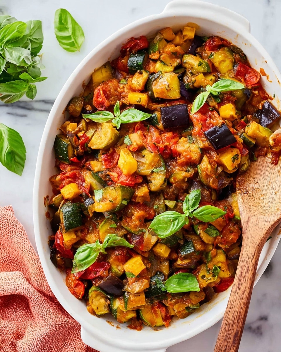 The image shows a white oval dish filled with a colorful mix of cooked vegetables, including chunky pieces of green zucchini, purple eggplant, yellow squash, and red tomatoes, all cooked together with a slightly saucy texture. The vegetables are scattered unevenly, with fresh green basil leaves spread on top and some on the white marbled surface around the dish. A wooden spoon rests inside the dish, partially covered with vegetables and a basil leaf. In the background, there is a pink-orange textured cloth visible on the white marble surface. photo taken with an iphone --ar 4:5 --v 7
