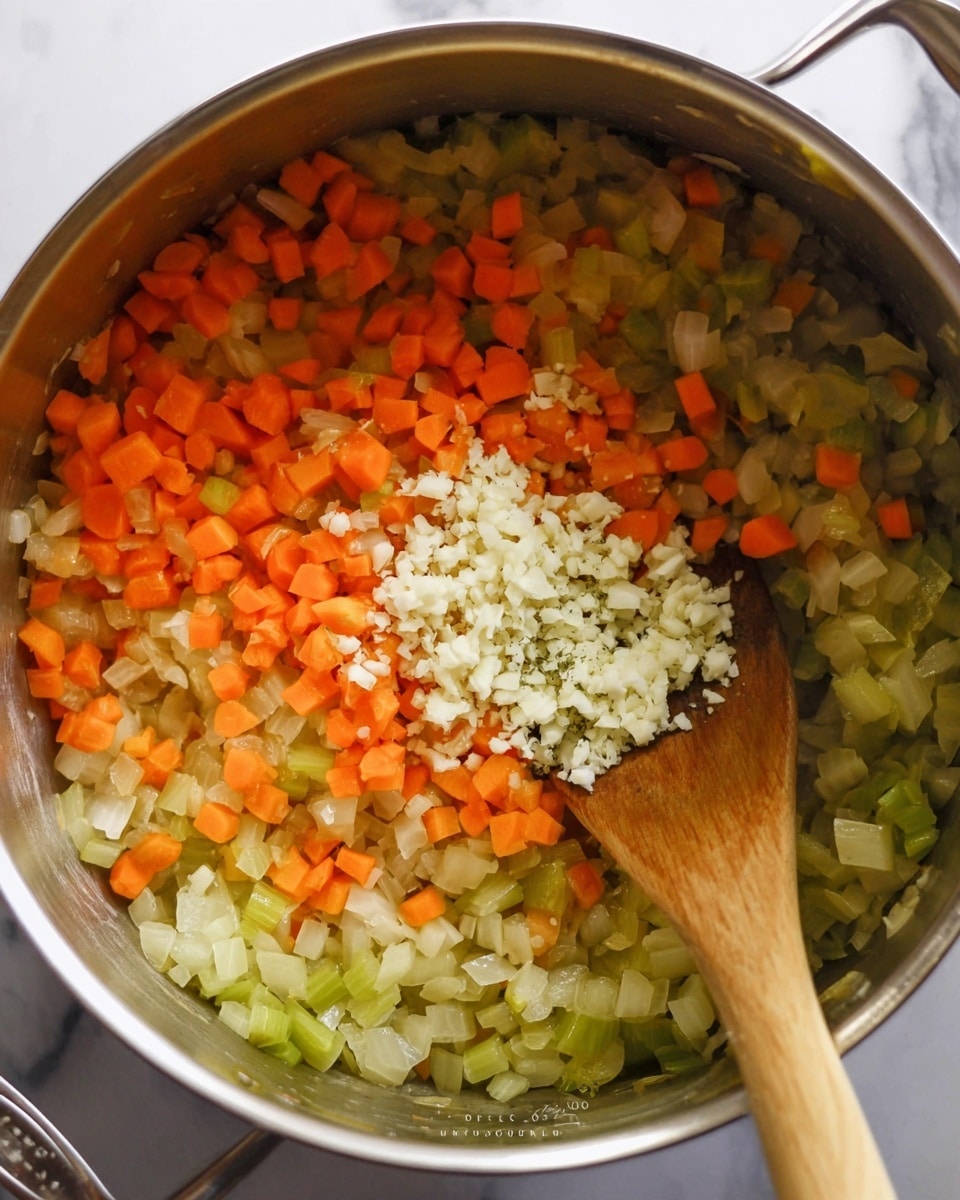 A close-up image shows a stainless steel pot with three main layers of diced vegetables inside. The bottom layer is a mix of soft yellow onions and green celery pieces, evenly spread across the pot's base. On top of this is a layer of small, bright orange carrot cubes scattered throughout. The top layer is freshly added finely chopped white garlic, centered in the pot as a small mound. A wooden spoon with a smooth texture is stirring the mixture from above, blending the garlic into the other vegetables against a white marbled background. Photo taken with an iphone --ar 4:5 --v 7