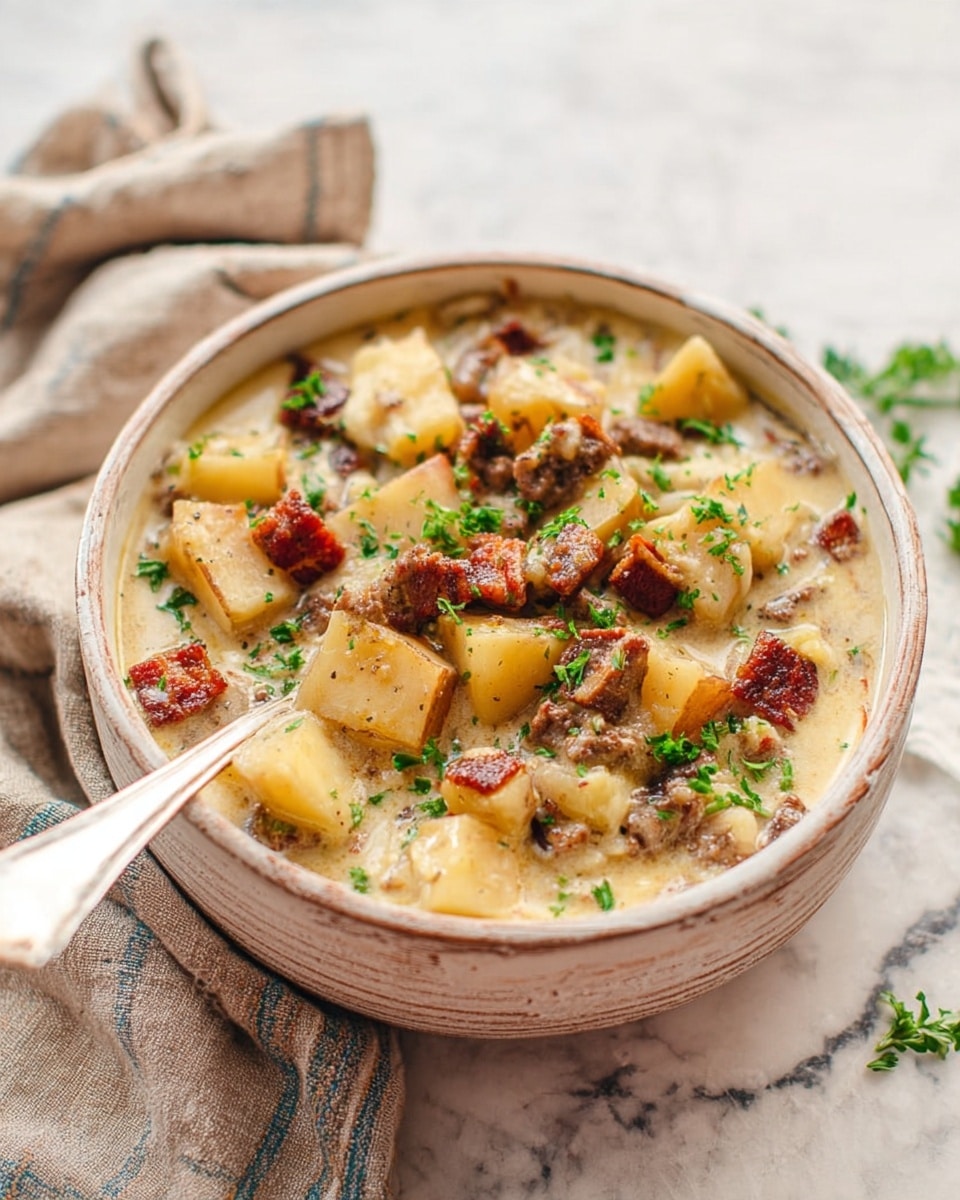 A rustic bowl filled with a creamy, thick soup made of light beige potato pieces and chunks of browned meat scattered throughout; the top is garnished with bright green chopped herbs, adding a fresh color contrast. The potato chunks are soft and slightly browned on the edges, sitting mixed with soft, textured creamy soup base. Small pieces of browned meat are spread evenly across the surface, with a white spoon resting inside the bowl. The bowl itself is round and white, placed on a white marbled surface with a folded cloth napkin in soft neutral tones blurred in the background. Photo taken with an iphone --ar 4:5 --v 7