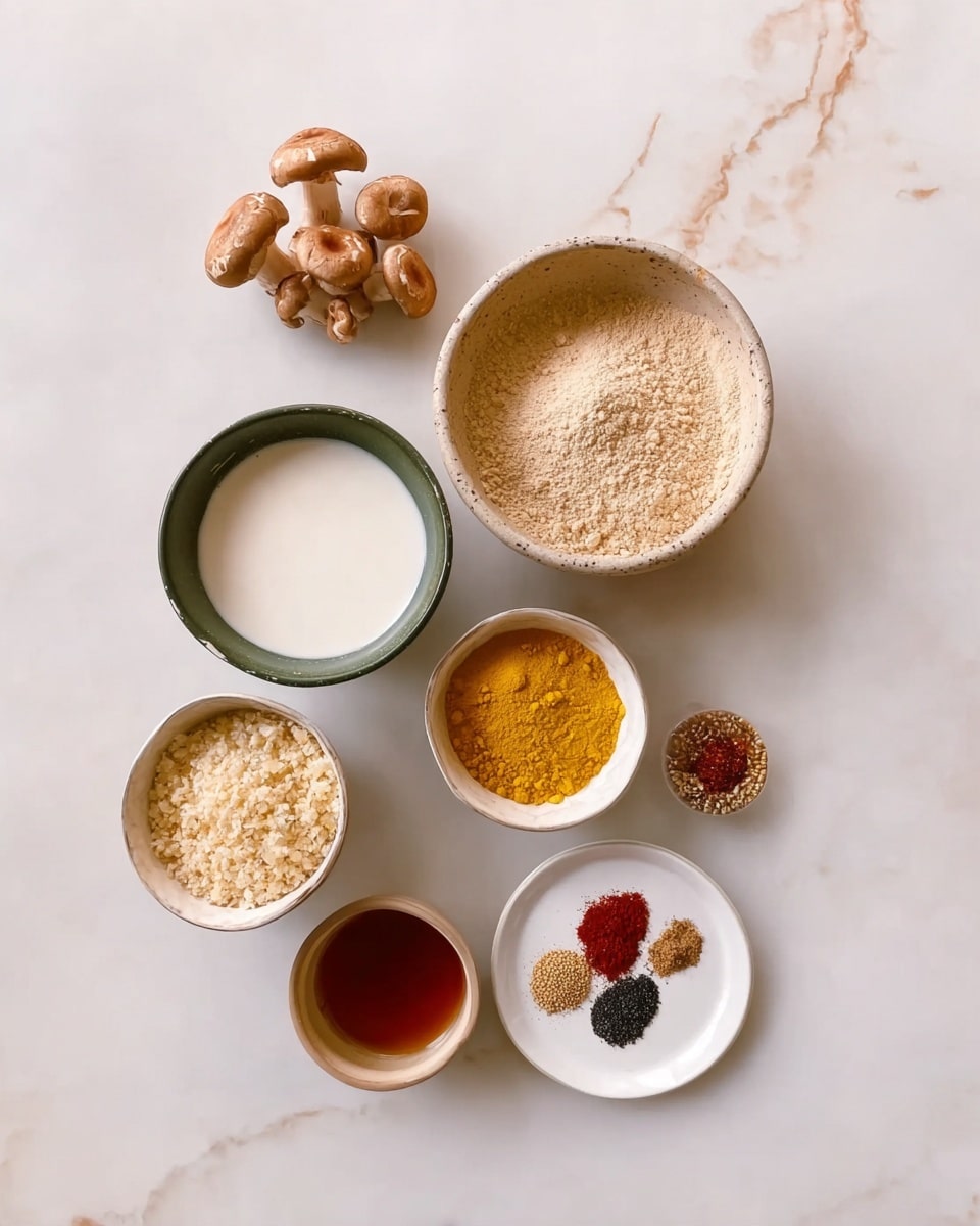 There are six bowls and one cluster of mushrooms arranged on a white marbled background. At the top left, there is a small bunch of light brown mushrooms. Below them is a medium-sized bowl filled with a thick white liquid. To the right of the mushrooms is a large bowl filled with a light brown powder. Below it, a medium bowl contains a bright yellow powder. Underneath the white liquid bowl, there is a small bowl with a dark amber liquid. To the left of the amber liquid is a small white bowl filled with a light beige crumbly substance. Finally, at the bottom right, there is a round white plate holding seven small piles of different spices in red, beige, brown, and black colors. The layout is neat and spaced evenly. photo taken with an iphone --ar 4:5 --v 7