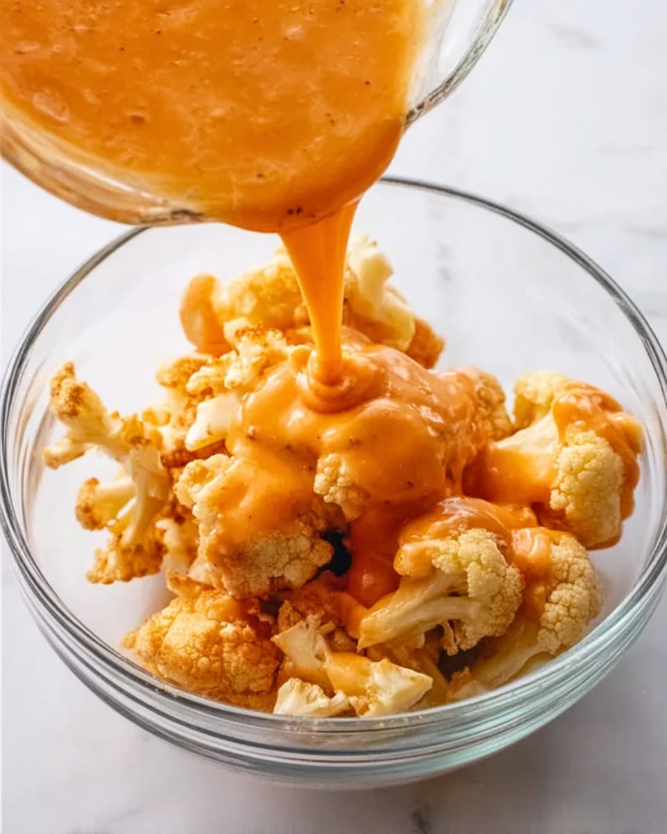 A clear glass bowl is filled with several irregular pieces of light golden fried cauliflower. An orange sauce with a smooth texture is being poured over the cauliflower from a smaller clear glass container angled above the bowl. The sauce flows down onto the cauliflower in a thick stream, slightly covering the pieces. The background is a white marbled texture. Photo taken with an iphone --ar 4:5 --v 7