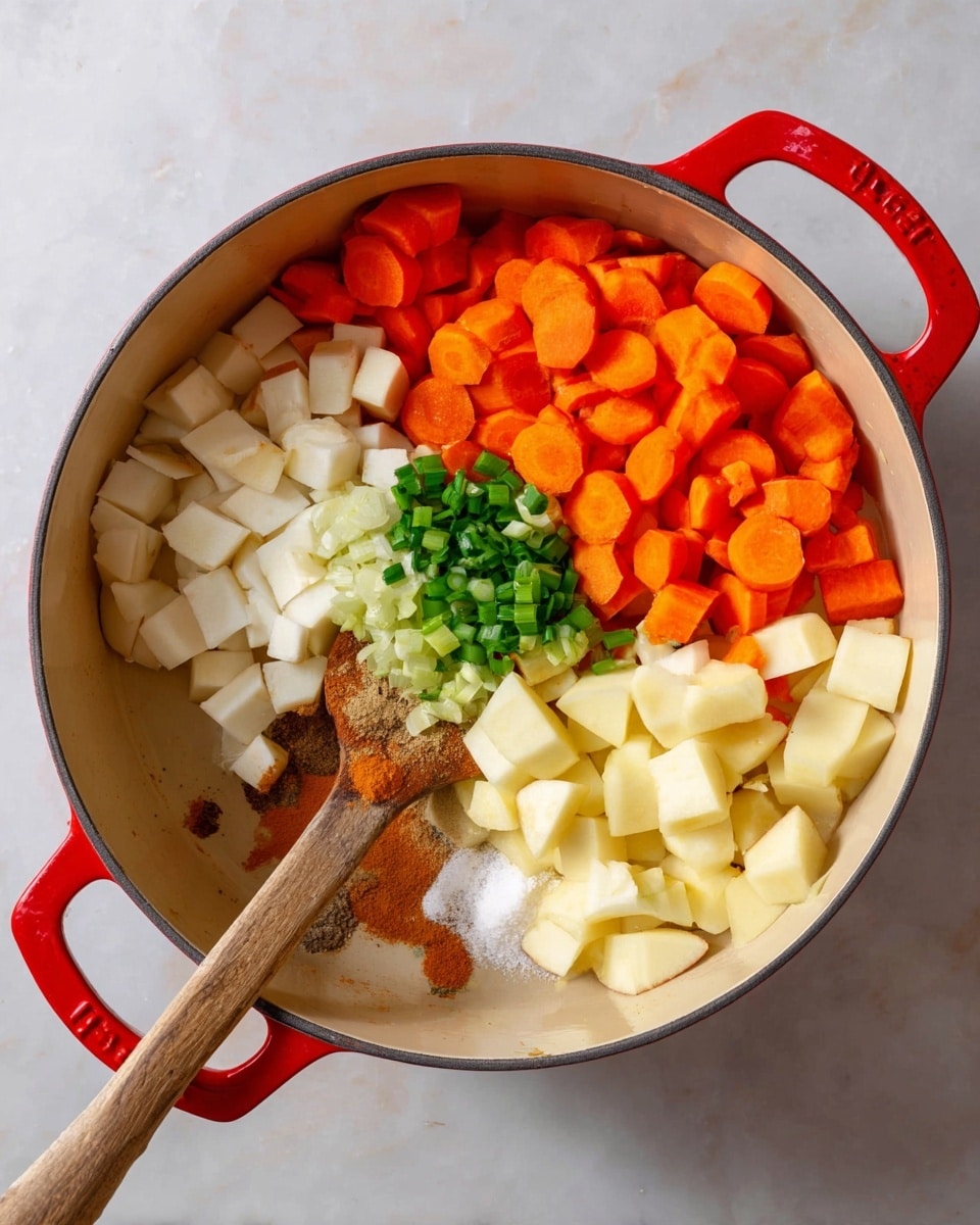 A large white pot with red handles is shown from above, filled with several layers of ingredients separated into sections. One section holds bright orange sliced carrots forming a prominent base layer. Above the carrots sits a cluster of small green chopped onions with a fresh texture. Next to the carrots are white cubed pieces of a vegetable, likely turnip, giving a smooth contrast. Adjacent to the turnip cubes are light yellow diced apples with a firm texture. There is also a small amount of white solid fat placed on top of the carrots. Scattered across the carrots near the bottom edge are piles of light brown and dark brown spices along with some white salt. A wooden spoon is partly resting in the pot with its handle visible inside, stirring the mix of ingredients. The pot sits on a white marbled surface. photo taken with an iphone --ar 4:5 --v 7