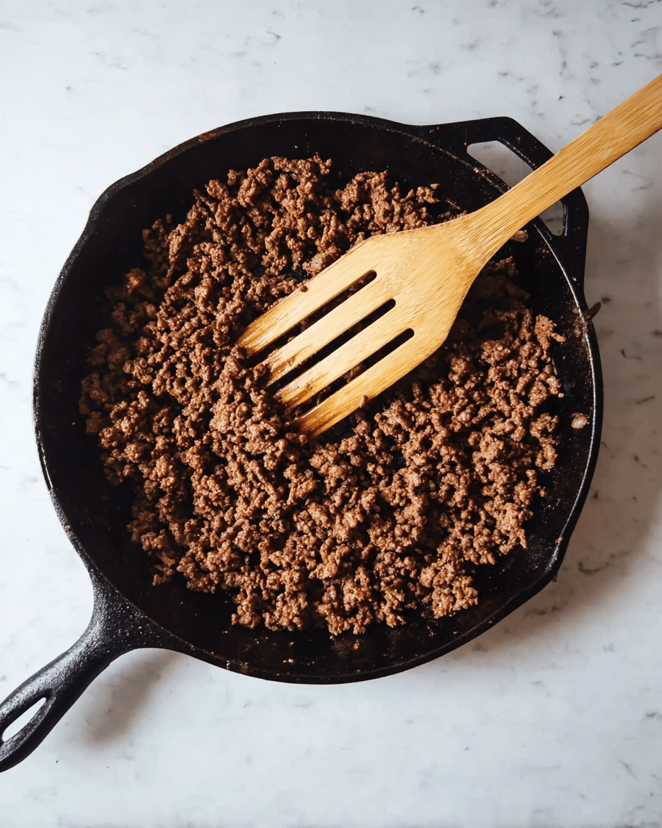 A black cast iron pan filled with cooked ground beef that is brown and crumbly. A light wooden spatula with three long slits rests partially on top of the beef towards the right side of the pan. The pan sits on a white marbled surface. Photo taken with an iphone --ar 4:5 --v 7