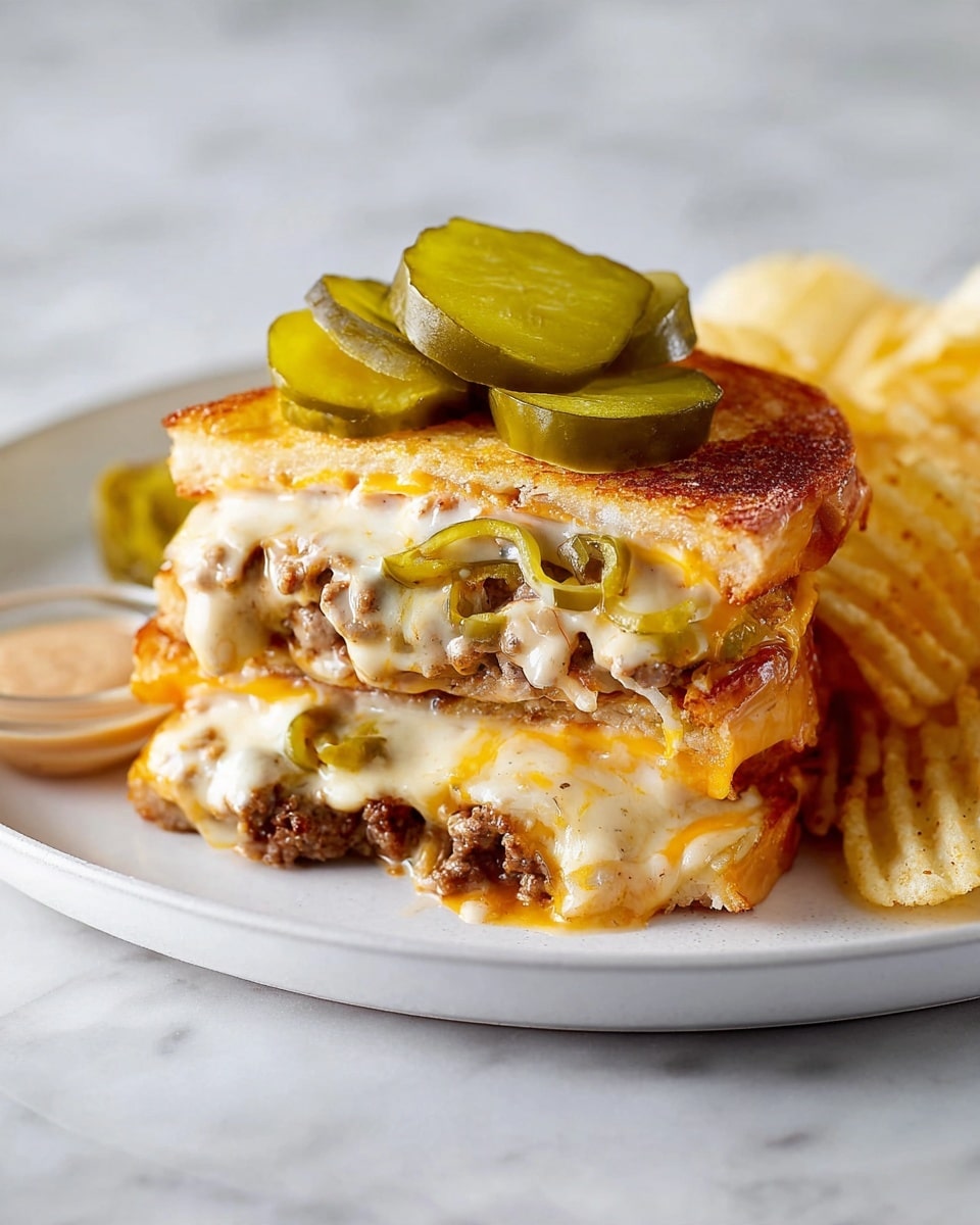 A thick sandwich with three layers sits on a white plate on a white marbled surface. The bottom layer is a crispy golden brown toasted bread filled with melted yellow cheese mixed with small pieces of cooked ground meat and some green pickles. The middle layer shows more melted cheese with cooked meat and slices of green pickles in between. The top layer is another piece of toasted bread, golden brown with a creamy melted cheese and meat mix peeking through, topped with several stacked green pickle slices. Beside the sandwich, there is a small serving of crinkle-cut potato chips and a light brown creamy sauce with a pickle slice on the edge of the plate. Photo taken with an iphone --ar 4:5 --v 7