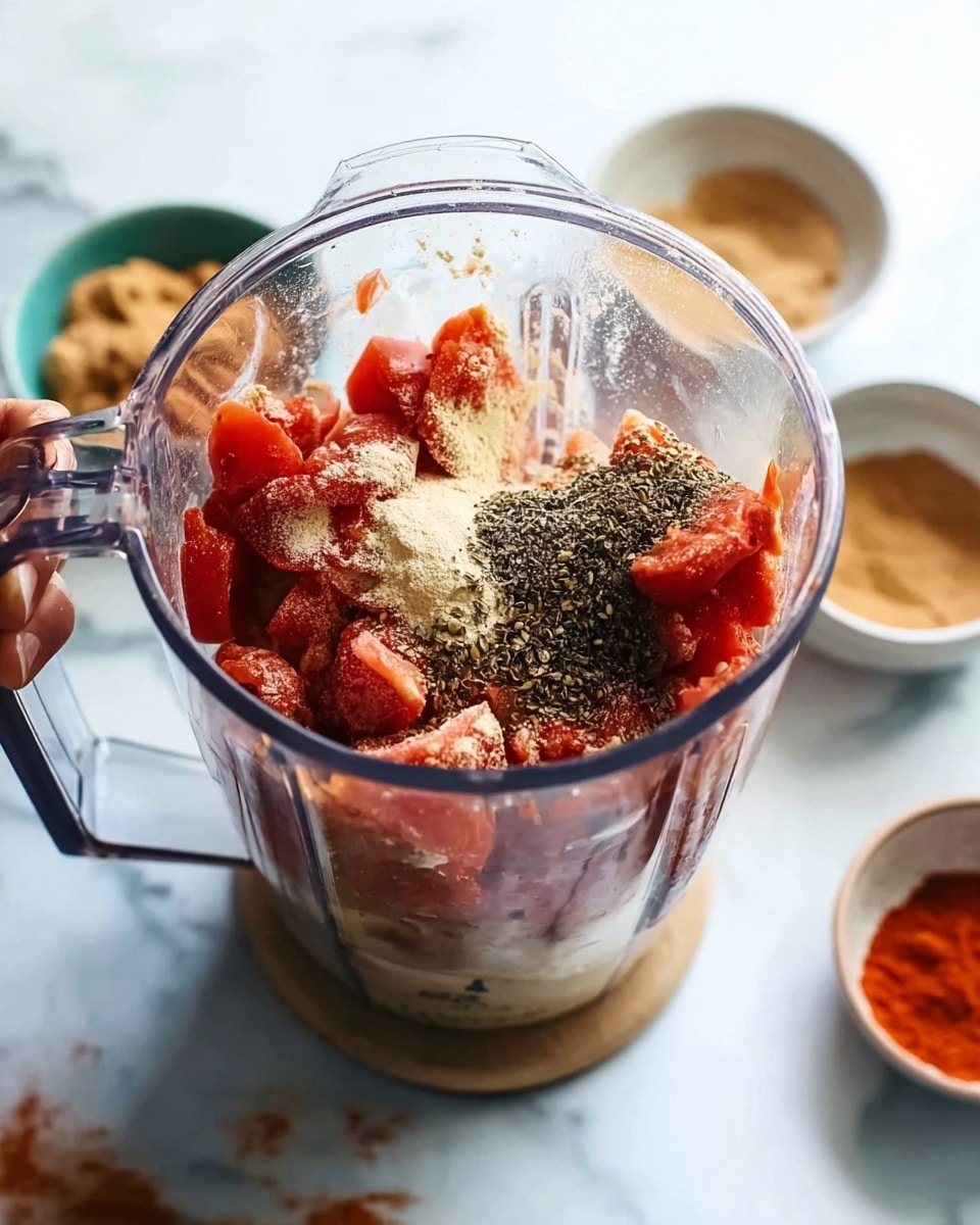 A clear blender pitcher with a mix of red tomato chunks layered at the bottom, topped by a small amount of light beige powder and dark green colored seasoning sprinkled on top. The blender is placed on a white marbled surface with small bowls of light brown powders near it. A woman's hand lightly holds the blender handle on the side. photo taken with an iphone --ar 4:5 --v 7