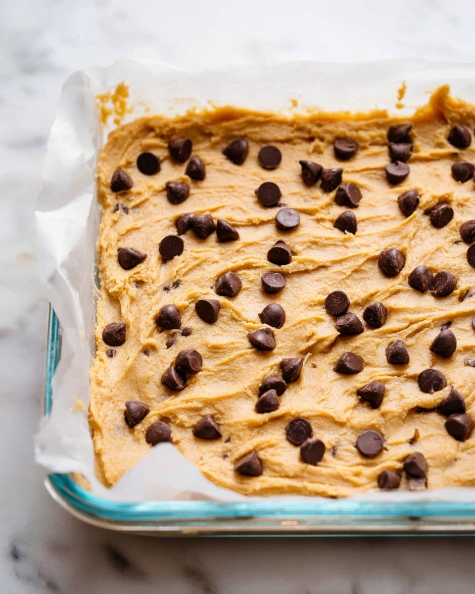 The image shows a close-up of a single thick layer of light brown dough with darker chocolate chips spread throughout. The dough has a soft texture with visible smoothness and some creases on top. There are extra chocolate chips scattered unevenly on the surface, which is inside a clear glass square dish lined with white parchment paper. The dish is set on a white marbled surface. Photo taken with an iphone --ar 4:5 --v 7