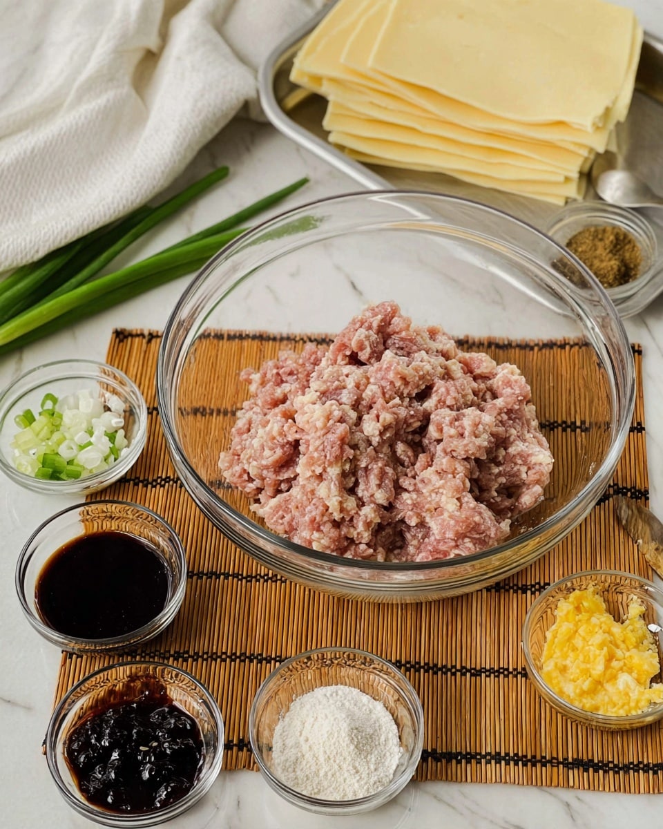 The image shows a clear glass bowl filled with raw ground meat that has a mix of light pink and beige colors, placed on a brown bamboo mat with black accents. Around the bowl are smaller clear glass bowls holding different ingredients: one with a dark brown sauce, one with a shiny black sauce, one with a mix of white and light beige powders, one with sliced light yellow paste, and another with minced yellow and green pastes. There is also a silver tray with stacked sheets of pale yellow dough dusted lightly with flour. On the left, part of a white cloth and green onions lay on a white marbled surface. The composition is organized with a clean, bright look. photo taken with an iphone --ar 4:5 --v 7