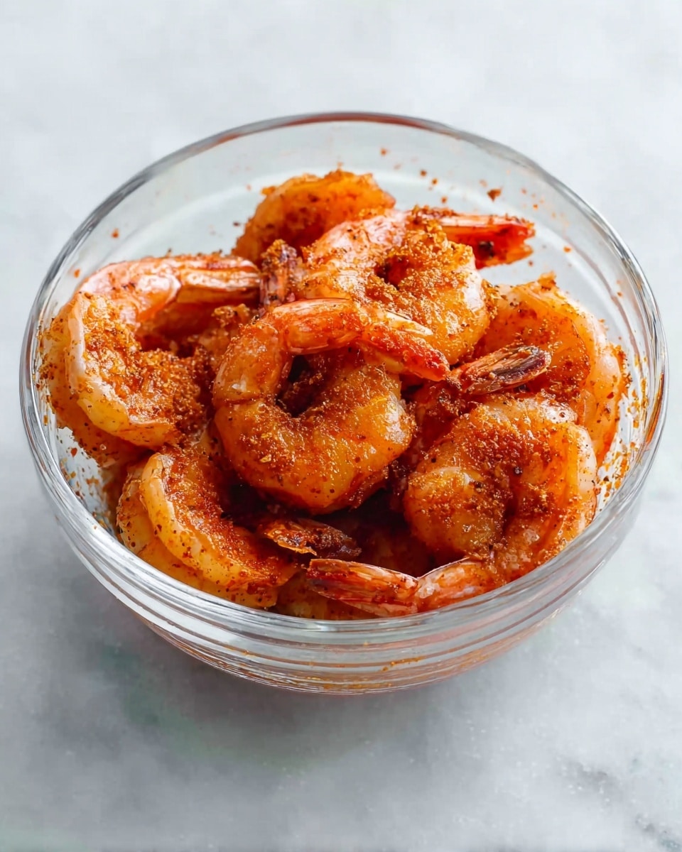 A clear glass bowl filled with about a dozen medium-sized shrimp coated in a reddish-orange seasoning. The shrimp are arranged in a loose pile, with their tails curling outward, showing a slightly crispy and shiny texture. The bowl is placed on a white marbled surface, giving a clean and bright background. Photo taken with an iphone --ar 4:5 --v 7