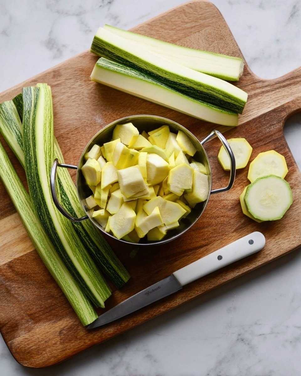 A wooden cutting board is placed on a white marbled surface with peeled yellow zucchini pieces neatly gathered inside a round metal measuring cup with two thin handles. Around the cup, there are long, green zucchini skins loosely piled on the board, showing a mix of dark and light green stripes. Two thick zucchini slices and a small zucchini stem rest beside a sharp knife with a white blade and black handle positioned at the edge of the board. photo taken with an iphone --ar 4:5 --v 7