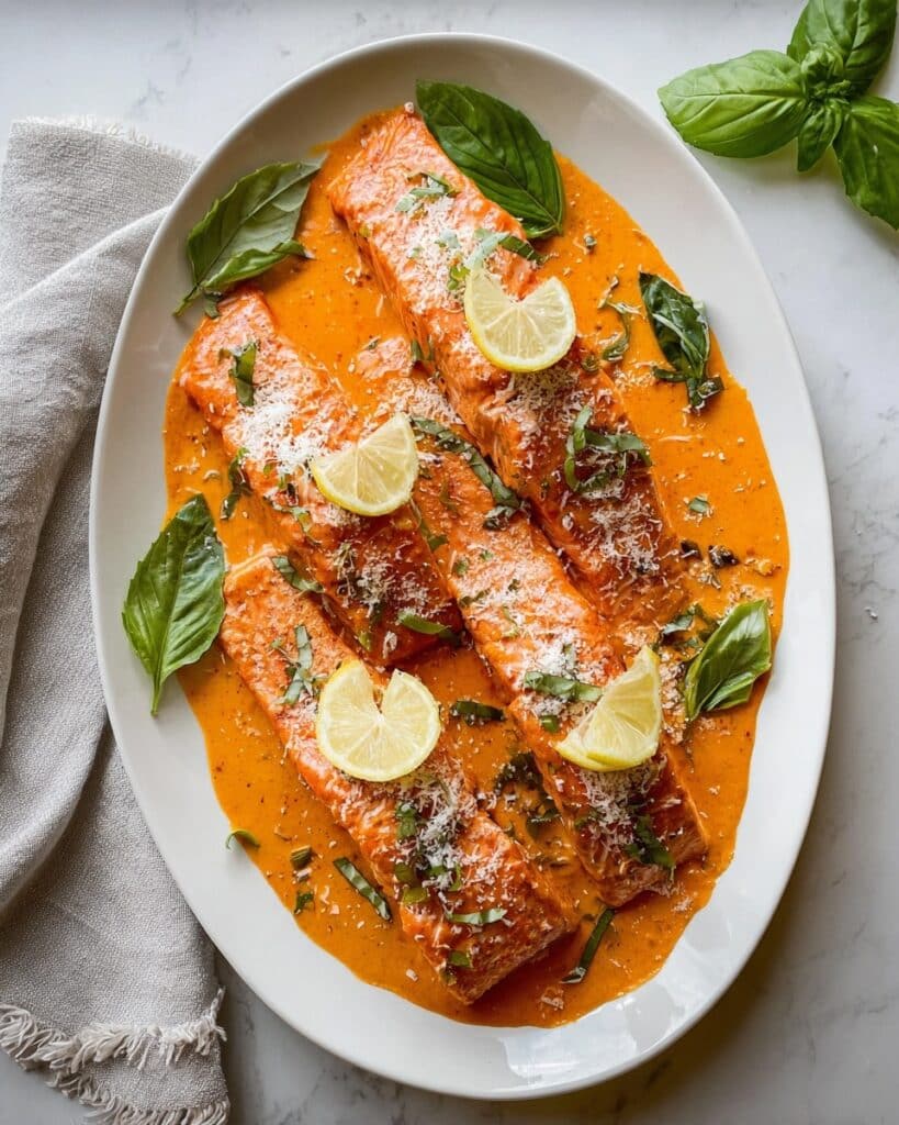 Roasted Red Pepper Salmon with Creamy Parmesan Sauce Recipe