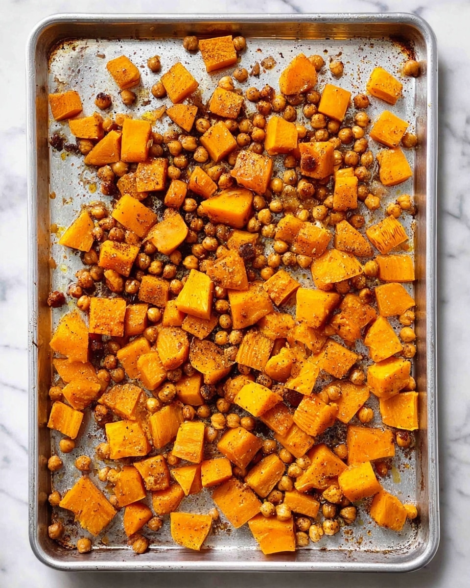 A silver baking tray filled with roasted cubed orange butternut squash pieces and scattered light brown chickpeas, both showing a slight char and seasoning on their surfaces, all laid out in a loose, uneven layer against a white marbled background. The tray shows some browned spots where the roast was more intense. photo taken with an iphone --ar 4:5 --v 7
