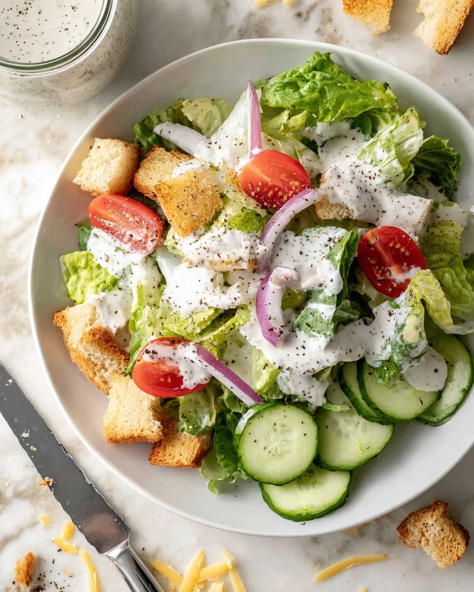 A white plate holds a fresh salad with several layers: a base of green leafy lettuce, topped with bright red halved cherry tomatoes and thin rings of purple onion scattered on top. Light yellowish shaved cheese flakes are spread throughout the salad. Several light brown crunchy croutons are placed mainly on the left side. Thin, round cucumber slices with dark green edges and pale green centers cover the bottom right side. White creamy dressing with black pepper is drizzled over the whole salad. The plate sits on a white marbled surface where a small jar of the same dressing with black pepper sprinkled on top is visible, along with a knife and scattered cheese flakes and crumbs. Photo taken with an iphone --ar 4:5 --v 7