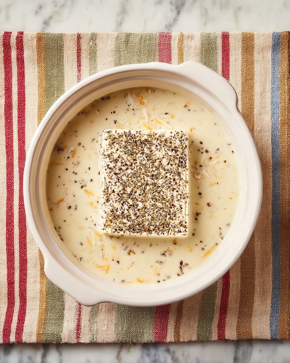 A white, square-shaped block covered with black pepper and herbs sits in the center of a white, deep round baking dish filled with a creamy, pale yellow liquid that has small bits of shredded cheese and seasoning scattered throughout. The dish is placed on a cloth with horizontal stripes in red, beige, and green, set against a white marbled surface. The textures show the soft block surrounded by the smooth, slightly thick liquid. photo taken with an iphone --ar 4:5 --v 7