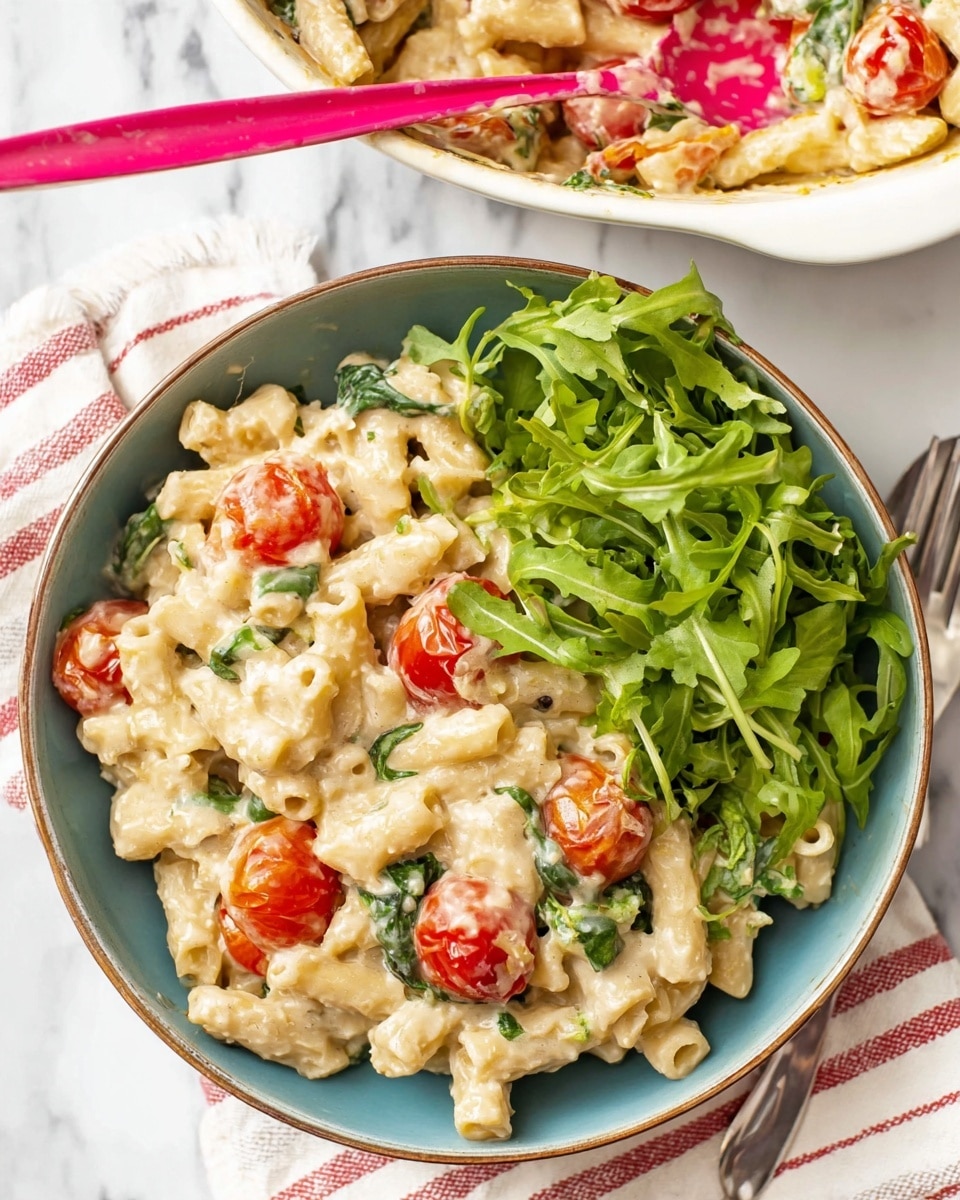 A bowl with creamy pasta as the main layer, showing small, tube-shaped pasta mixed with bright red cherry tomato halves and green spinach leaves spread evenly throughout. The creamy sauce coats the pasta in a light off-white color with a smooth, slightly thick texture. On one side of the bowl, there is a fresh pile of bright green leafy watercress adding a crisp and fresh contrast. The bowl is placed on a white marbled surface with a striped cloth underneath. At the top edge of the image, part of a white ceramic dish with more creamy pasta and visible cherry tomatoes is shown with a bright pink spoon inside. Photo taken with an iphone --ar 4:5 --v 7