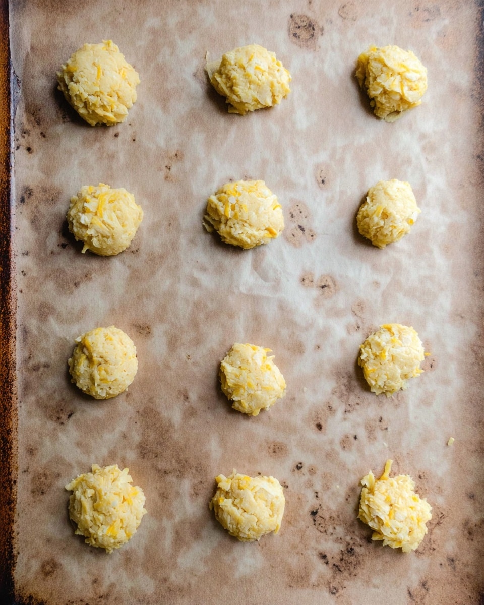 The image shows a baking tray with a white marbled texture covered by light brown parchment paper. On the parchment paper, there are 10 small, uneven round mounds of a light yellow dough with a coarse texture, likely containing shredded ingredients. The dough pieces are spaced apart in a grid-like arrangement, with some rough bits sticking out. The background is simple, with the parchment paper having dark spots and marks, giving a slightly worn look. Photo taken with an iphone --ar 4:5 --v 7