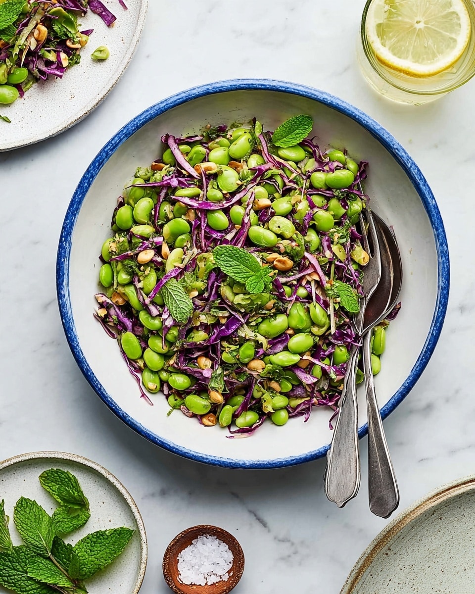 A white bowl with a blue rim filled with a salad made of bright green edamame beans and thin purple cabbage strips mixed with fresh green mint and cilantro leaves, small light brown nut pieces, and tiny black seeds scattered throughout; two metal serving spoons rest inside the bowl on the right side. The bowl is placed on a white marbled surface with a smaller white plate in the upper left corner holding a serving of the salad, a silver fork, and a glass of lemon water with a lemon slice is in the top right corner. Fresh mint leaves and a small bowl of coarse salt are also on the surface nearby. Photo taken with an iphone --ar 4:5 --v 7