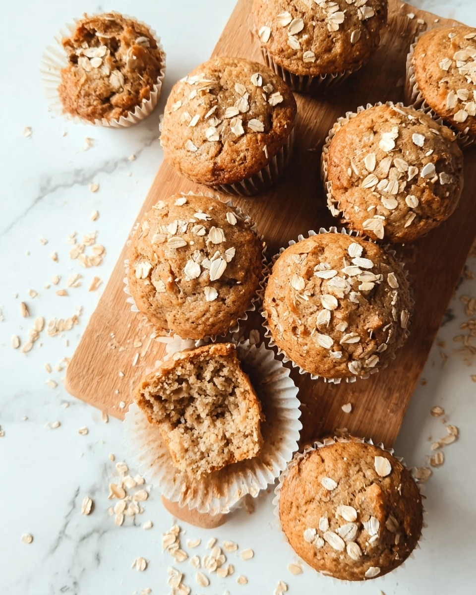 A wooden board on a white marbled surface holds a group of light brown muffins, each topped with scattered oat flakes. One muffin is broken open, revealing a soft, dense inside with a slightly crumbly texture. Some muffins still have their white paper wrappers, and loose oat flakes are scattered around the board on the white marbled surface. The photo taken with an iphone --ar 4:5 --v 7