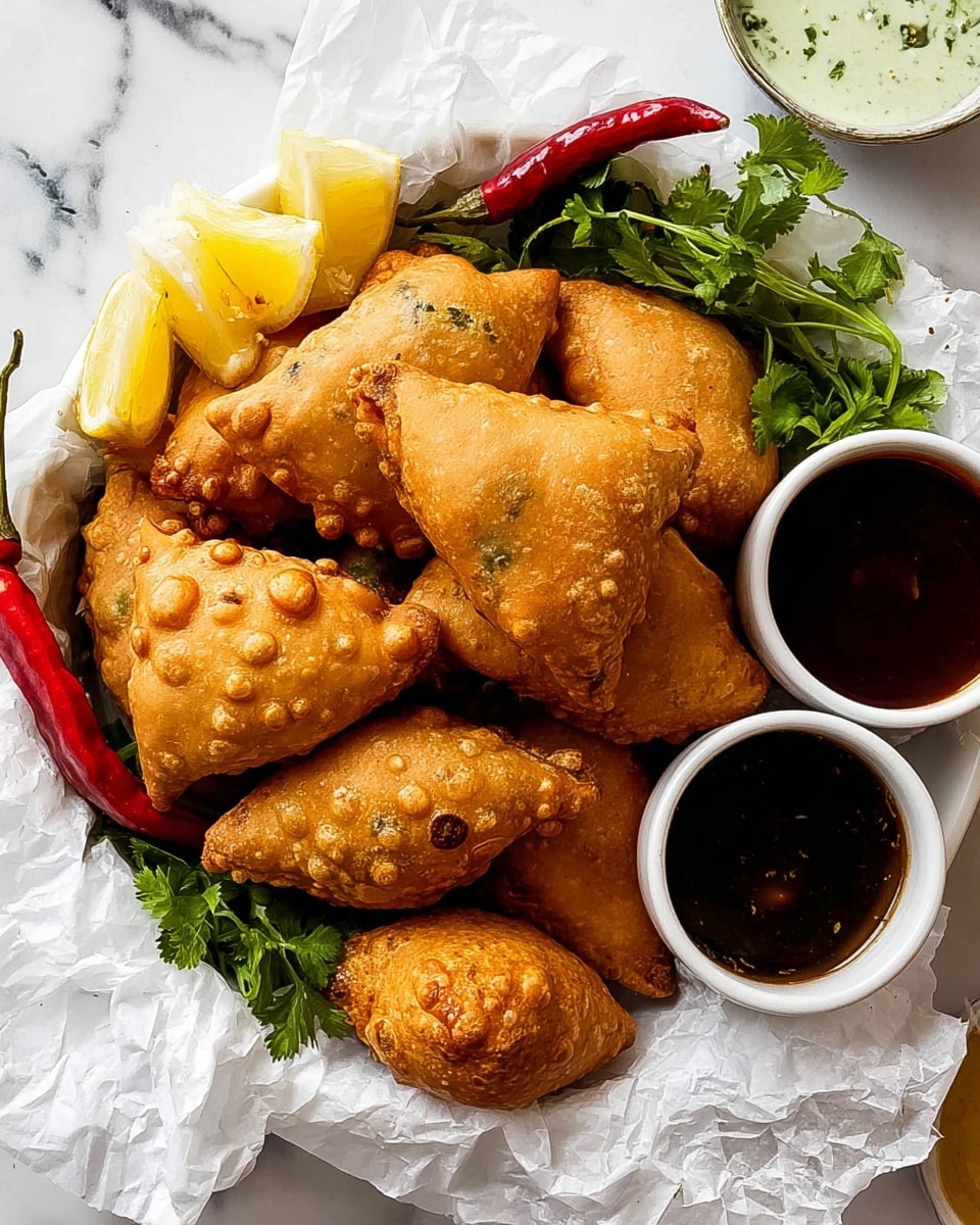 The image shows a white bowl filled with many golden-brown samosas that have a crispy, bubble-textured crust, arranged in two overlapping layers. On the left side, there are two slices of yellow lemon, a whole dark green chili, a whole red chili, and fresh green coriander leaves placed on top and to the side of the samosas. On the right side of the bowl, two small white bowls hold dark brown tamarind sauce and light green yogurt sauce with specks of herbs. The bowl sits on a white marbled surface with crinkled white paper beneath it. photo taken with an iphone --ar 4:5 --v 7