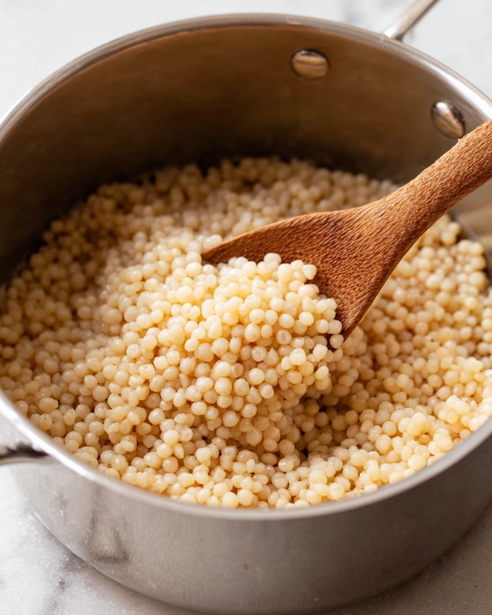 A close-up view inside a shiny silver pot filled with small, round, light beige pearls resembling cooked couscous or small pasta. The pearls have a slightly glistening, soft texture and are being stirred with a smooth, light brown wooden spoon, showing the pearls slightly piled toward the spoon. The background is a white marbled textured surface. photo taken with an iphone --ar 4:5 --v 7