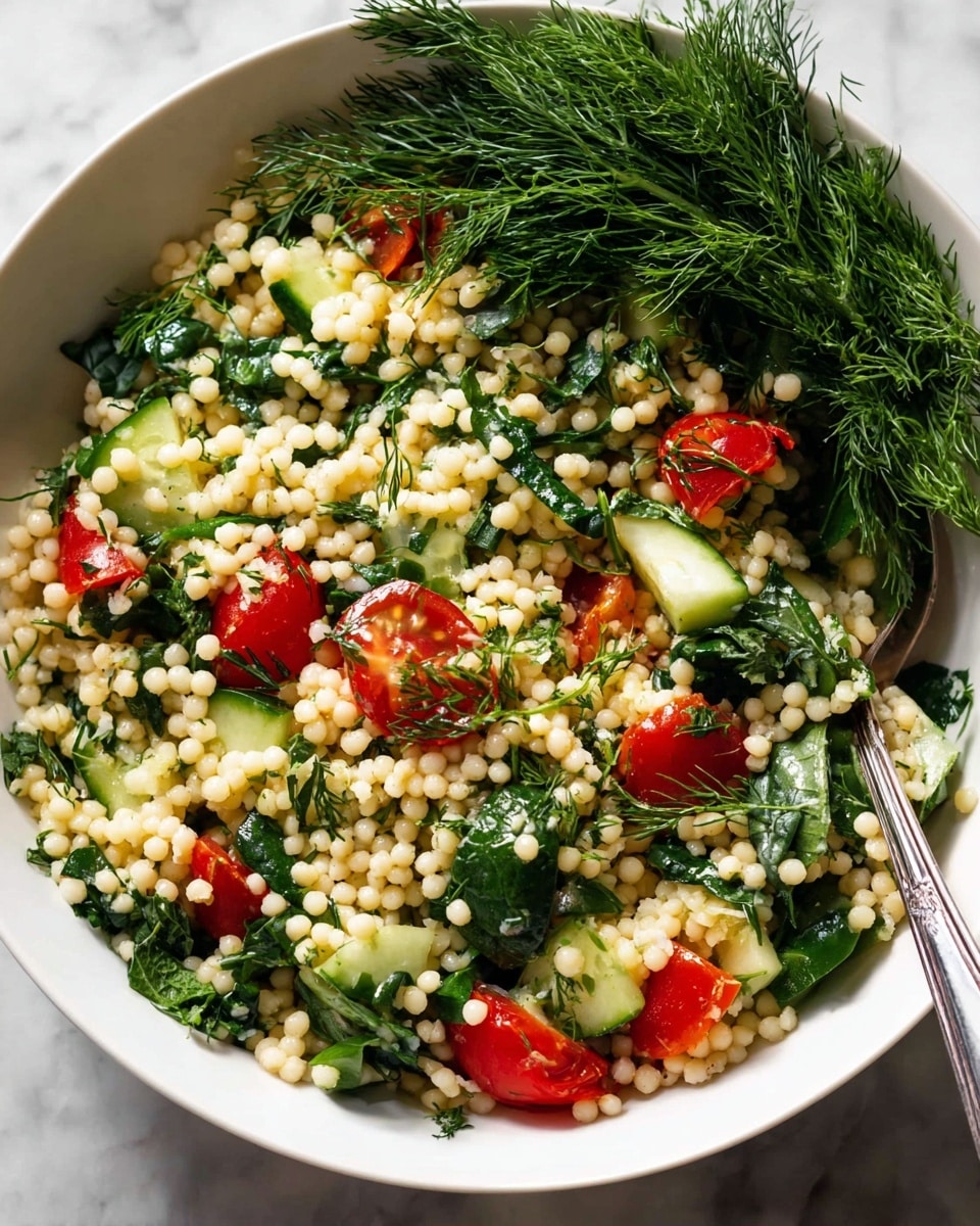 A white bowl filled with a colorful salad made mainly of small, round, pale yellow couscous-like grains. Mixed in are bright red cherry tomato halves, light green cucumber chunks, and plenty of dark green leafy herbs and spinach, giving the salad a fresh look. On one side of the bowl, a bunch of fresh dill with feathery leaves is visible. A silver spoon rests inside the bowl on the right side. The whole scene is set on a white marbled surface. photo taken with an iphone --ar 4:5 --v 7