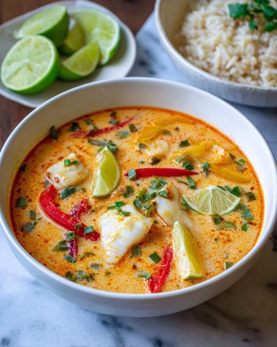 A white bowl filled with a creamy orange soup with pieces of white fish, red and yellow strips of bell pepper, finely chopped green onions, and small green herbs floating on top. Two green lime wedges rest on the surface of the soup. In the background, there is a small white bowl with light beige rice topped with a couple of small green leaves and another white bowl with several lime wedges on a white marbled surface. Photo taken with an iphone --ar 4:5 --v 7