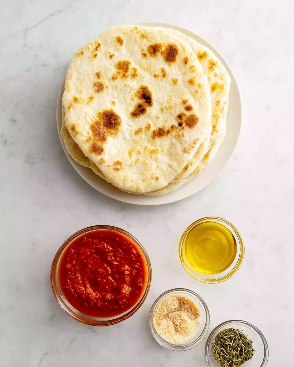 The image shows a stack of soft, round flatbreads with light brown toasted spots on the top, placed on a white plate. Below the plate, there are four small clear glass bowls on a white marbled surface. From top to bottom, the bowls contain bright red tomato sauce with a smooth texture, a mix of dried green herbs, a light golden oil, and fine light brown granulated seasoning. The arrangement is clean and organized, giving a clear view of each ingredient. Photo taken with an iphone --ar 4:5 --v 7