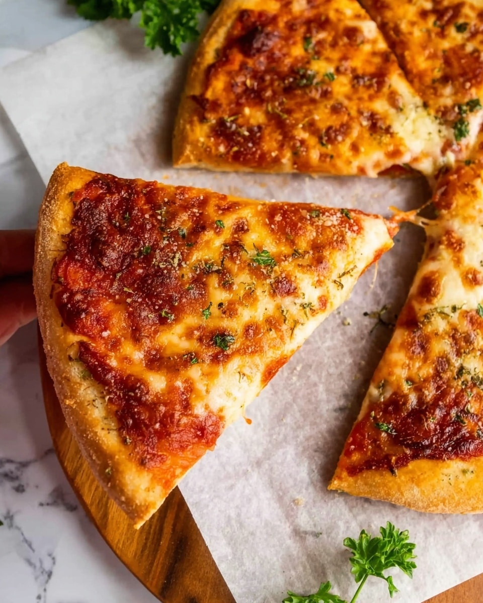 A close-up view of a pizza with one slice slightly pulled out showing a hand holding it from the side. The pizza has a thick golden brown crust with a layer of melted cheese that is bubbly and slightly browned on top. Under the cheese, there is visible red tomato sauce peeking through around the edges. The pizza is on white parchment paper over a wooden board with fresh green parsley at the corner. The surface below is a white marbled texture. photo taken with an iphone --ar 4:5 --v 7
