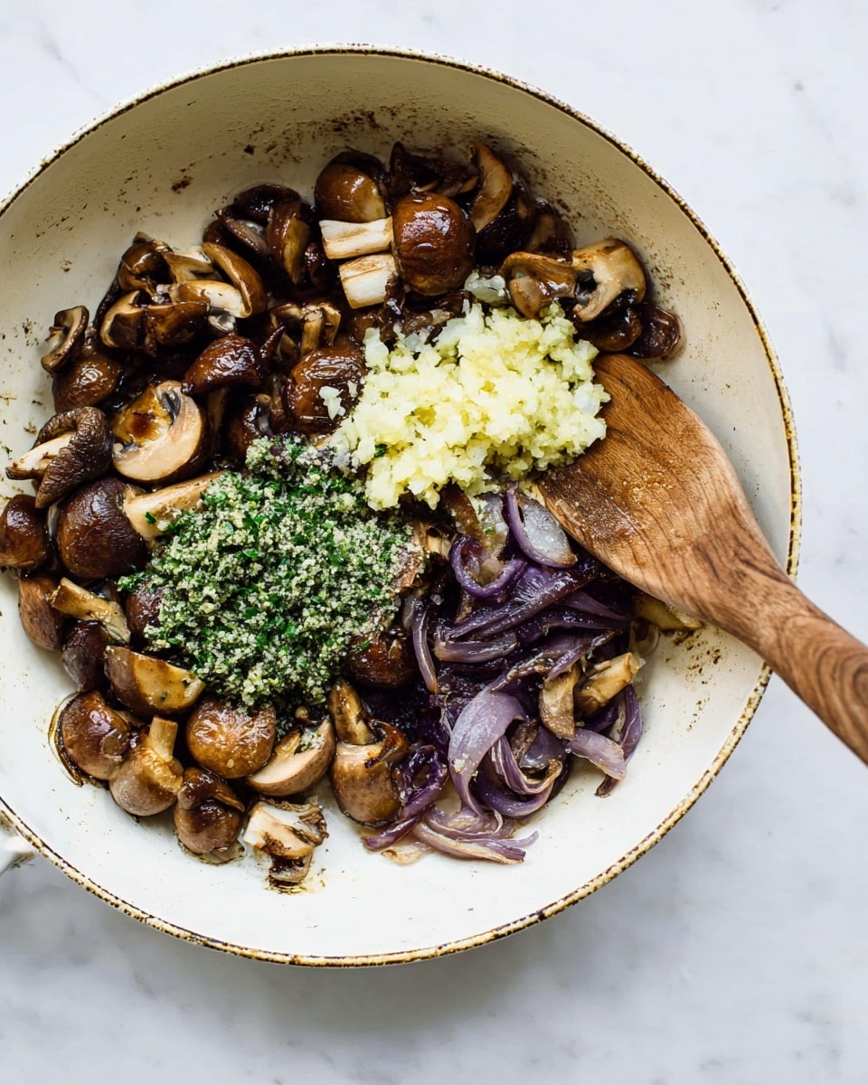 A white pan sits on a white marbled surface, containing cooked brown mushrooms and dark purple onion slices spread unevenly around. In the center-right of the pan, there are two small piles: one of light green chopped herbs and another of pale yellow minced garlic. A wooden spoon with a smooth texture rests inside the pan, with its handle pointing outside to the top. photo taken with an iphone --ar 4:5 --v 7